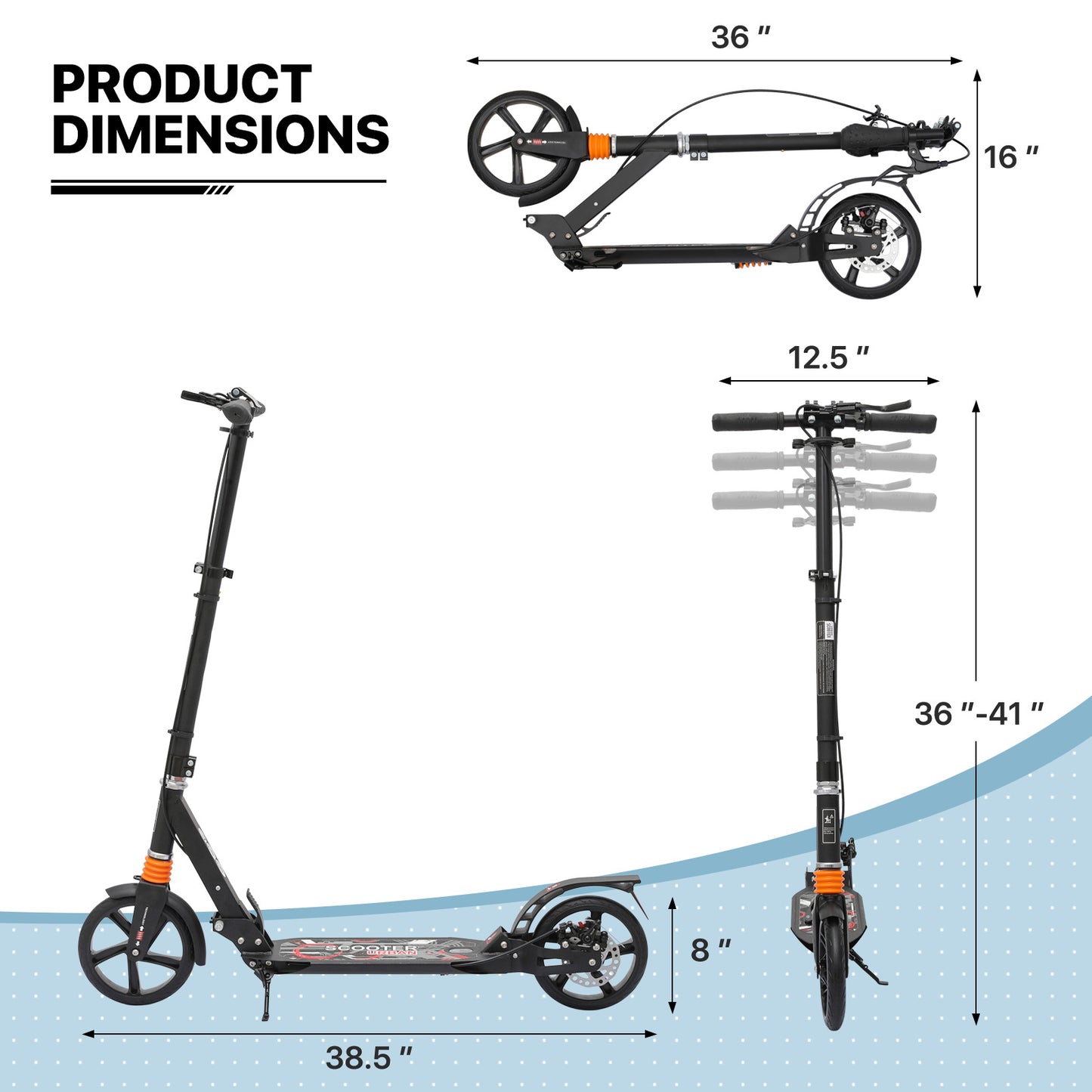 Foldable Kick Scooter - Adjustable Height Handlebar - 8" Wheels - w/Handlebrake