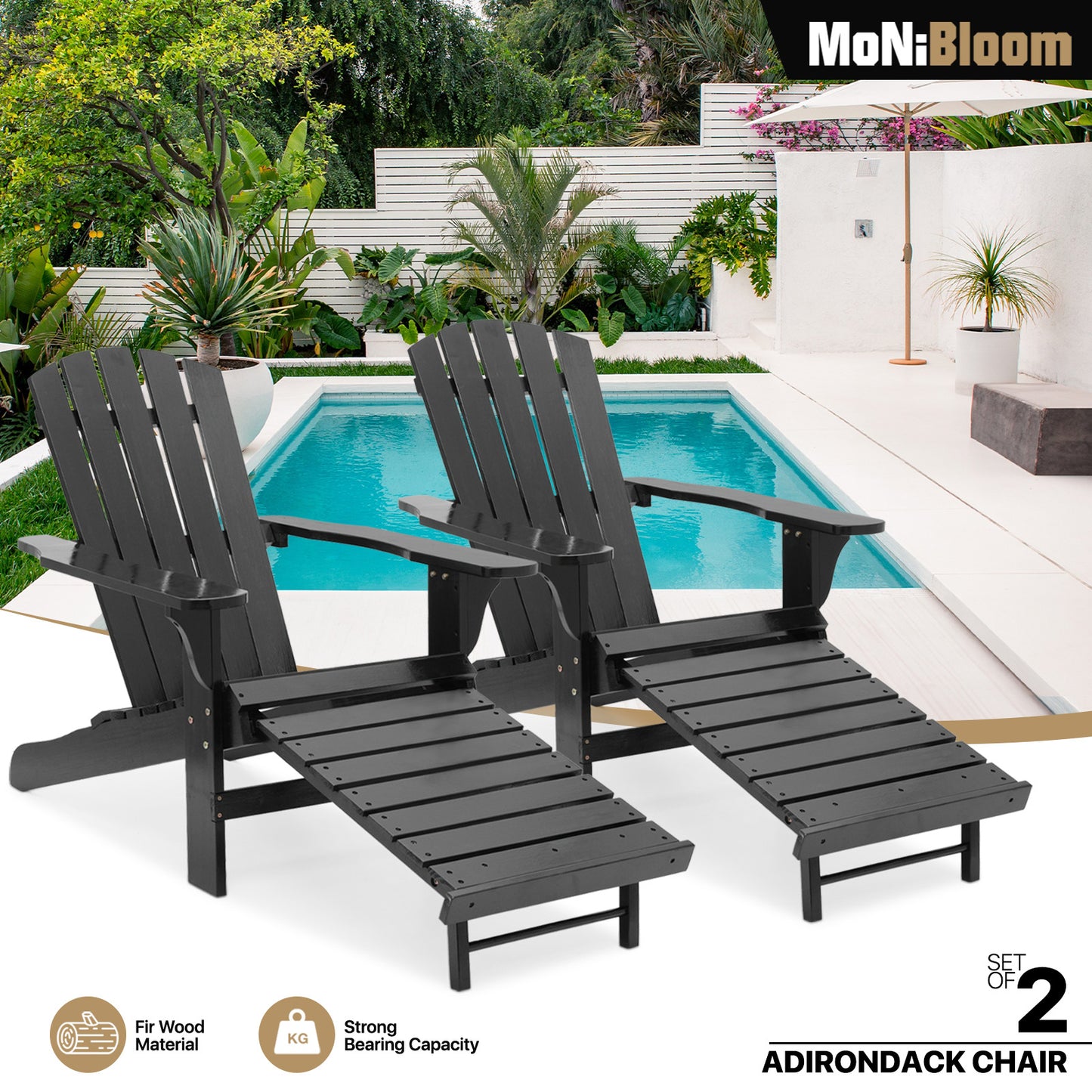 Set of 2 Adirondack Chair - Retractable Footrest