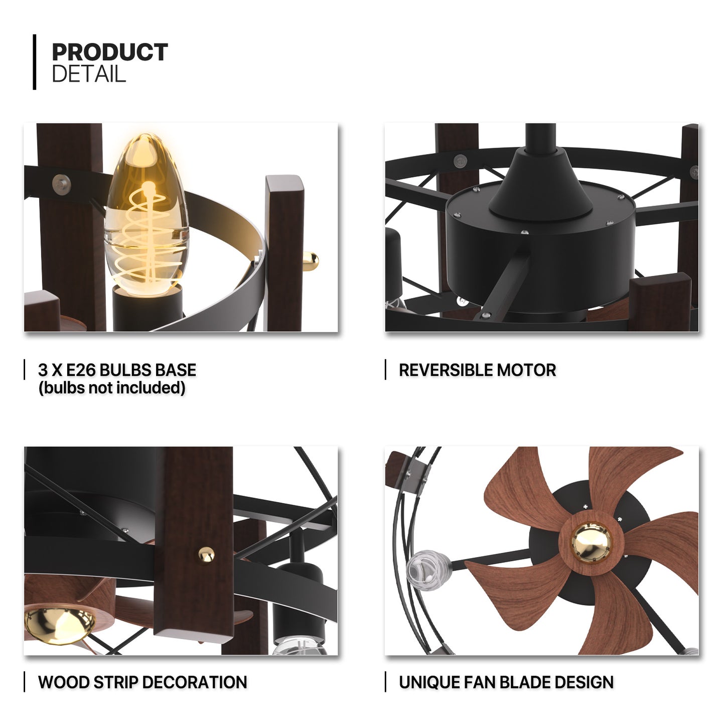 19" Caged Ceiling Fan  - 3 Color Changing - 3 Speeds w/2 Down Rods