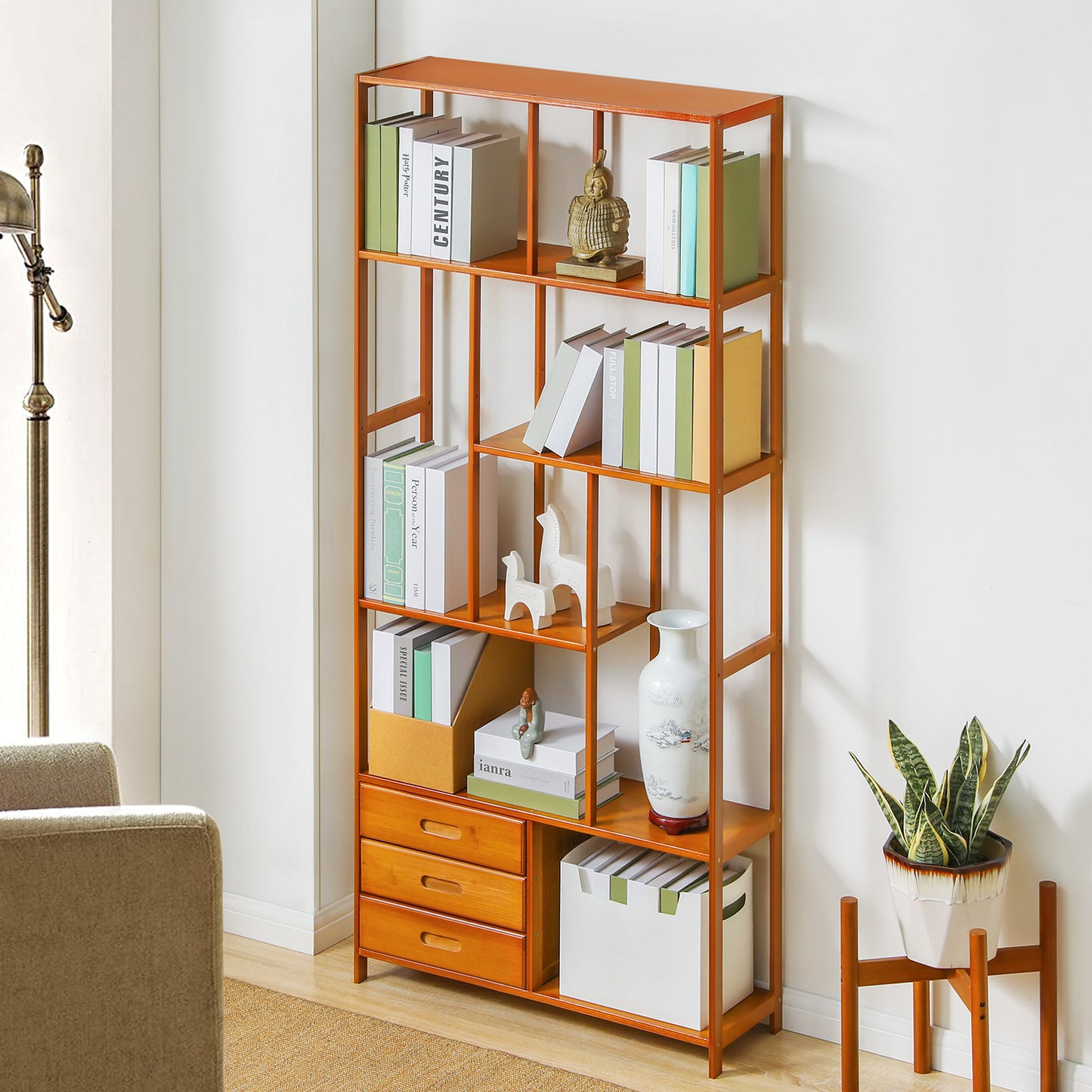 Oriental Vintage Antique Frame Display Shelf - 6 Tier - with Drawer - Brown