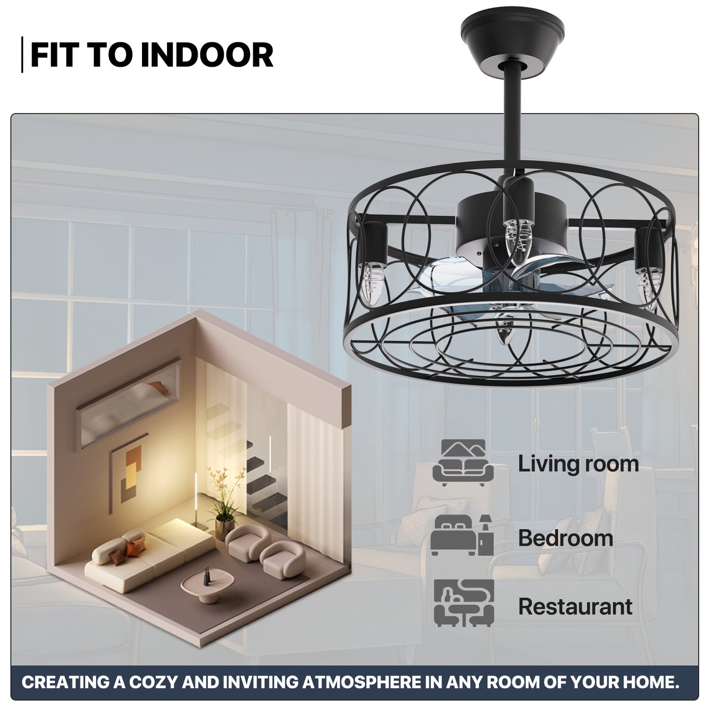 18" Caged Ceiling Fan  - 3 Color Changing - 3 Speeds w/2 Down Rods