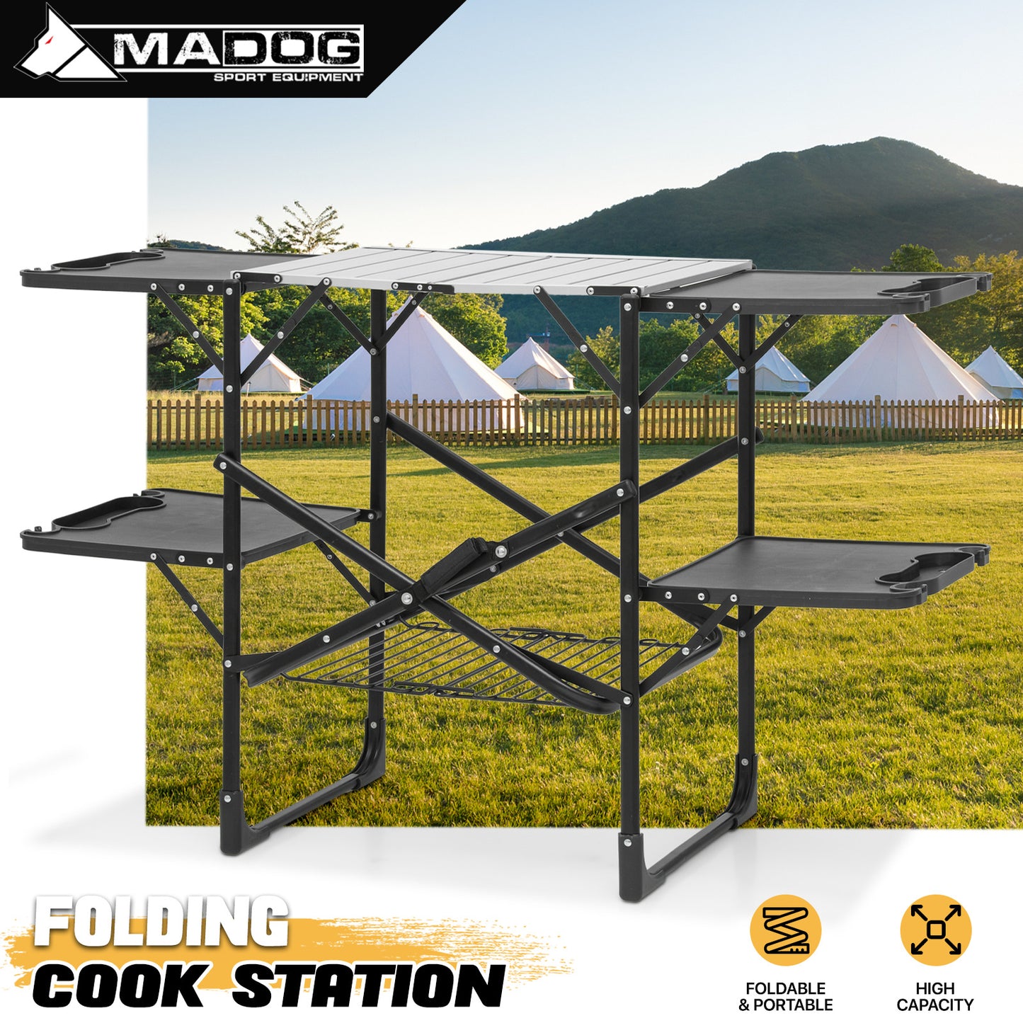 Folding Camping Table 52"x17.5"x32" - Black/silver