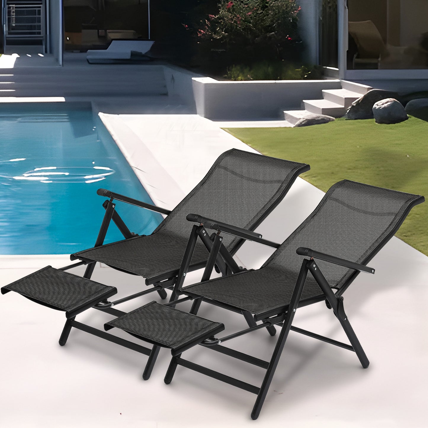 2 Pack Folding Lounge Chair - Retractable Footrest