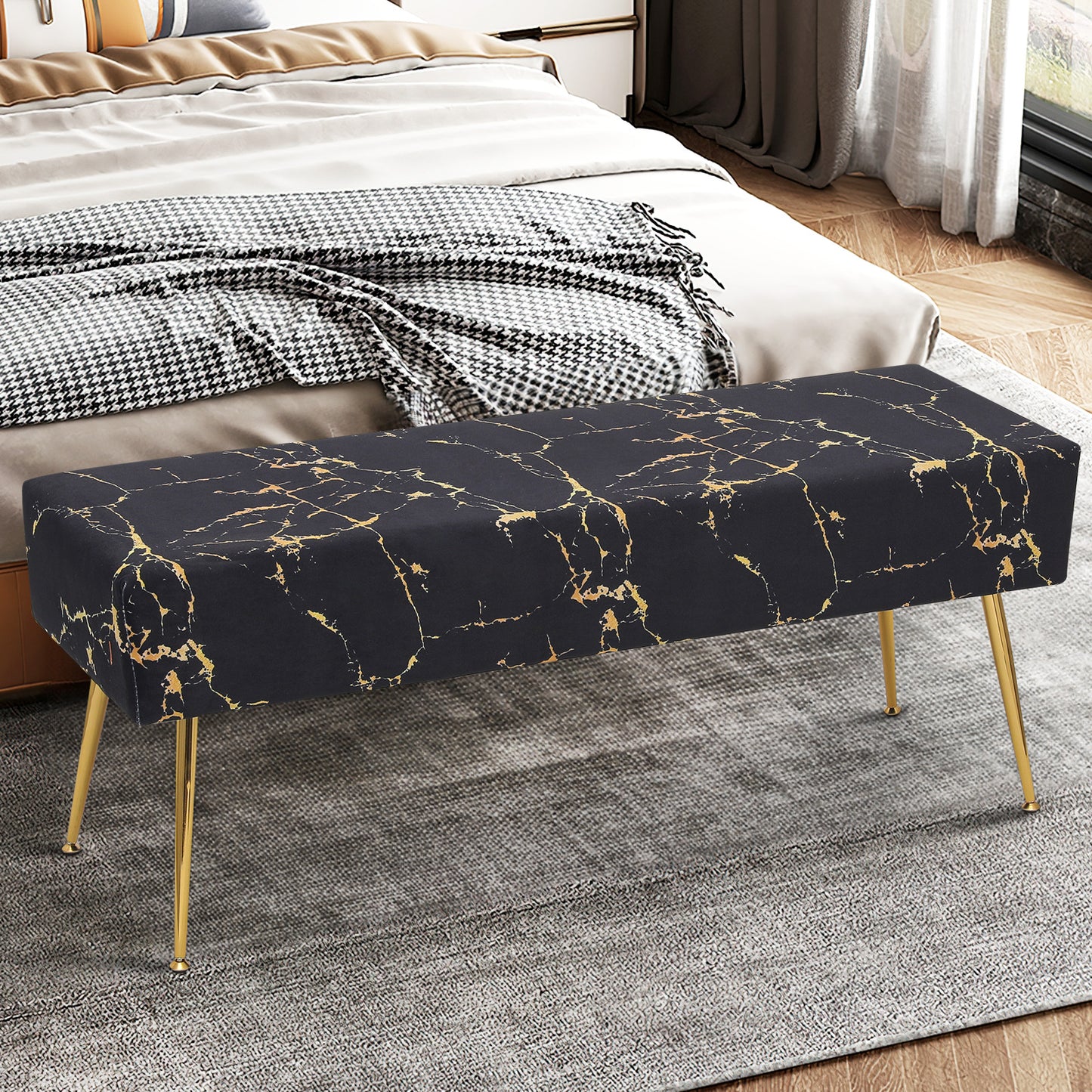 Velvet Tufted Upholstered Ottoman Bench Footstool Marbling Microfiber Seat