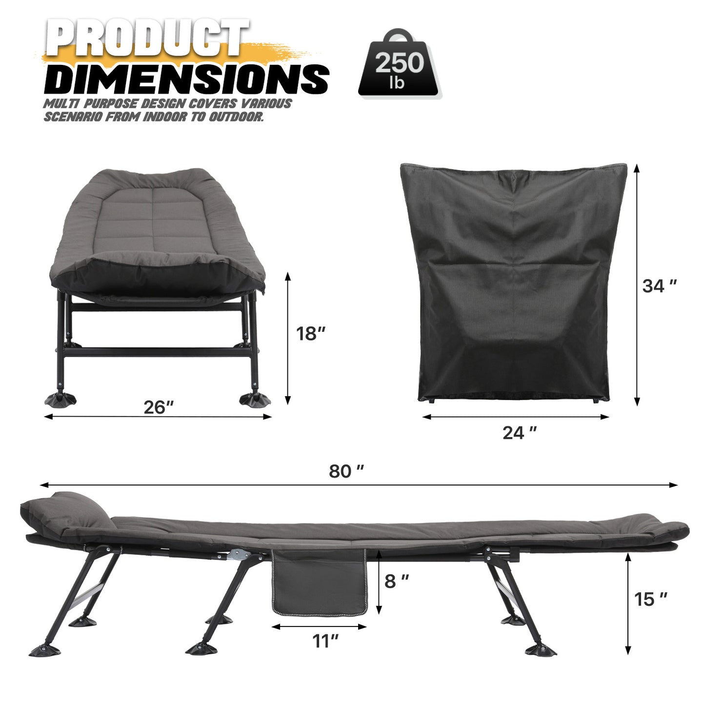 Folding Camping Cot 80"x26"x15" - Padded Hiking Bed
