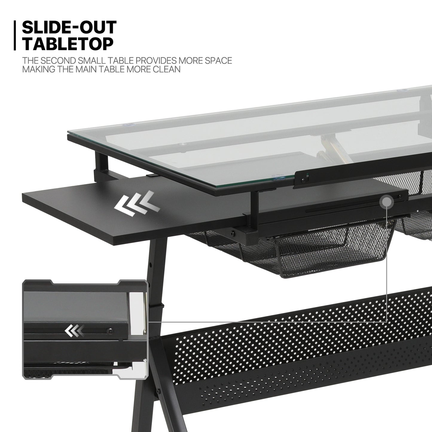 Drafting Table - 53" Crystal desktop with frame, 2 mesh drawers, with black stool