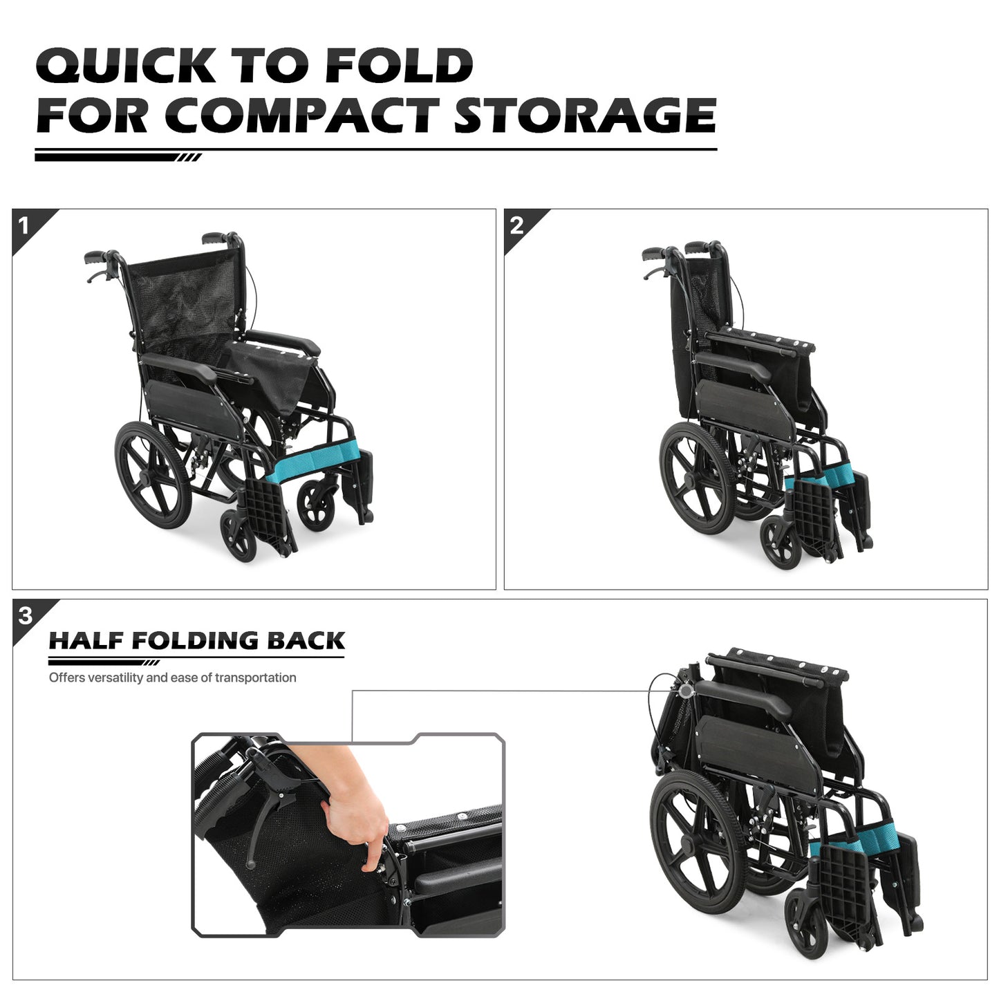 Transport Wheelchair - with Handbrake, Cushion - Black