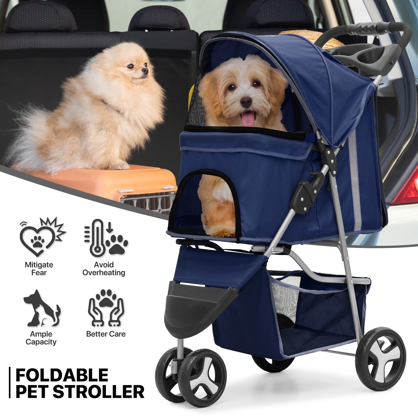 Pet Stroller - Adjustable Sunshade+Storage Basket