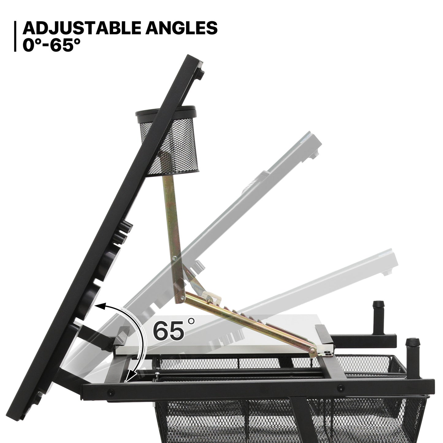Drafting Table - 61" White desktop with black frame, 2 mesh drawers, with black stool
