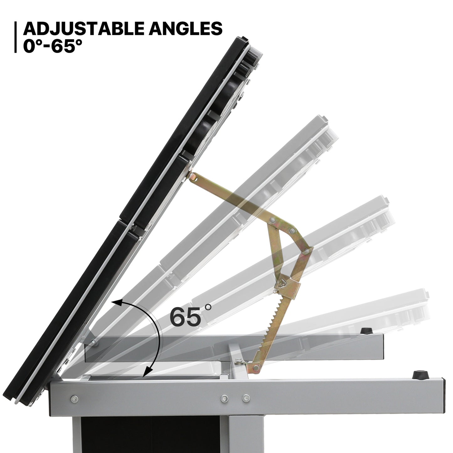 Drafting Table - 41" Crystal desktop with grey frame, 2 black drawers, rolling casters