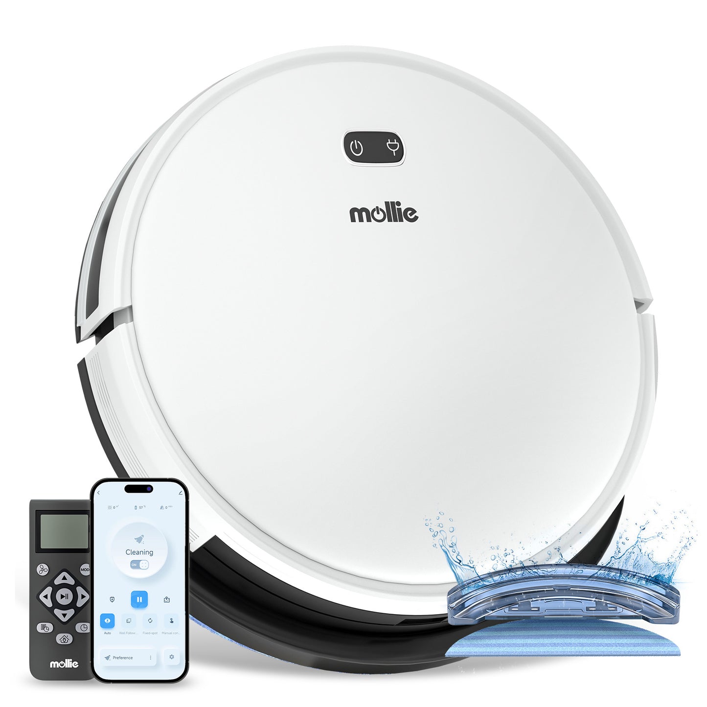 Robot Vacuum - 500ml Dustbin - 150ml Water Tank - w/Dry Mop+Remote Control - White