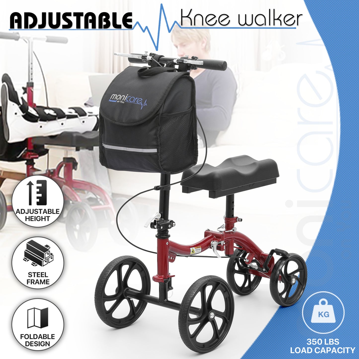 Knee Walker - Black Steel Frame - 10" Front Wheel 8" Rear Wheel