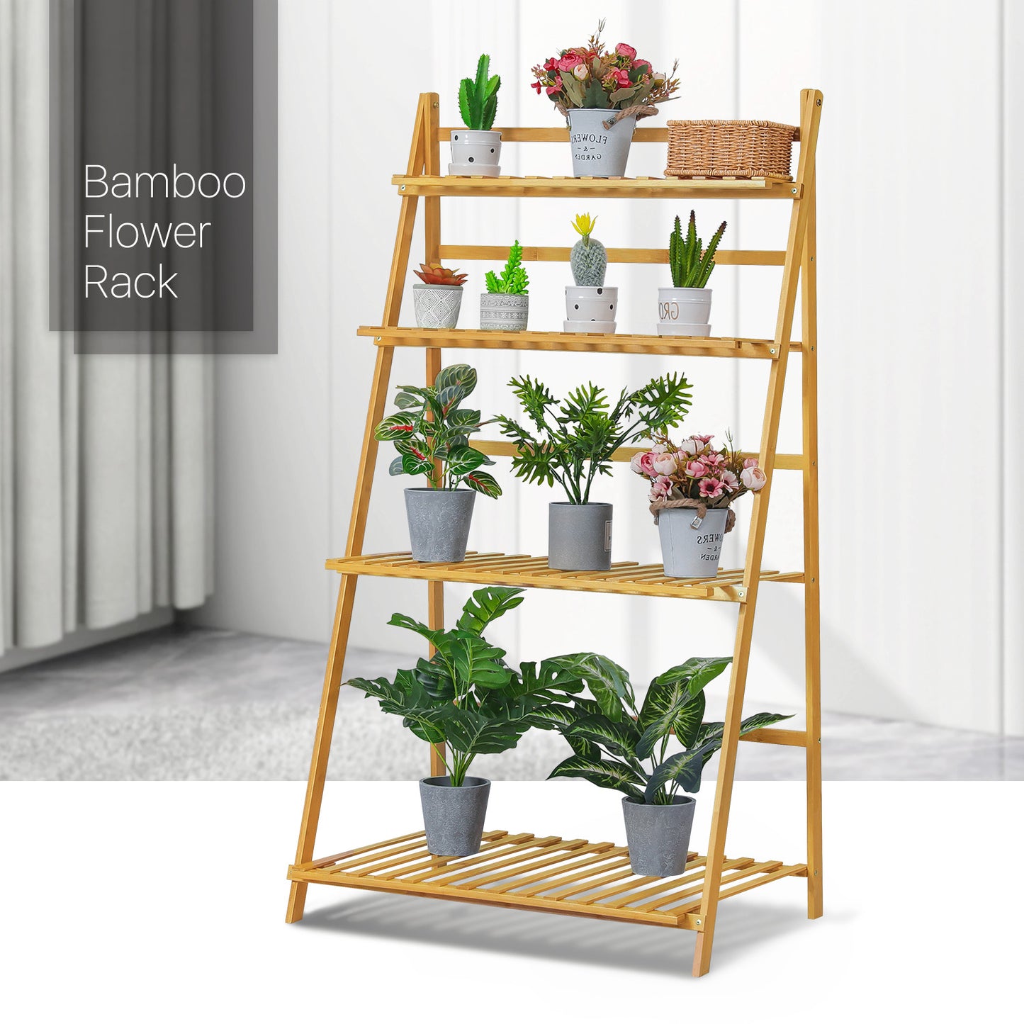 Foldable Flower Plant Rack - A Frame Stand Shelf - 4 Tier - Natural