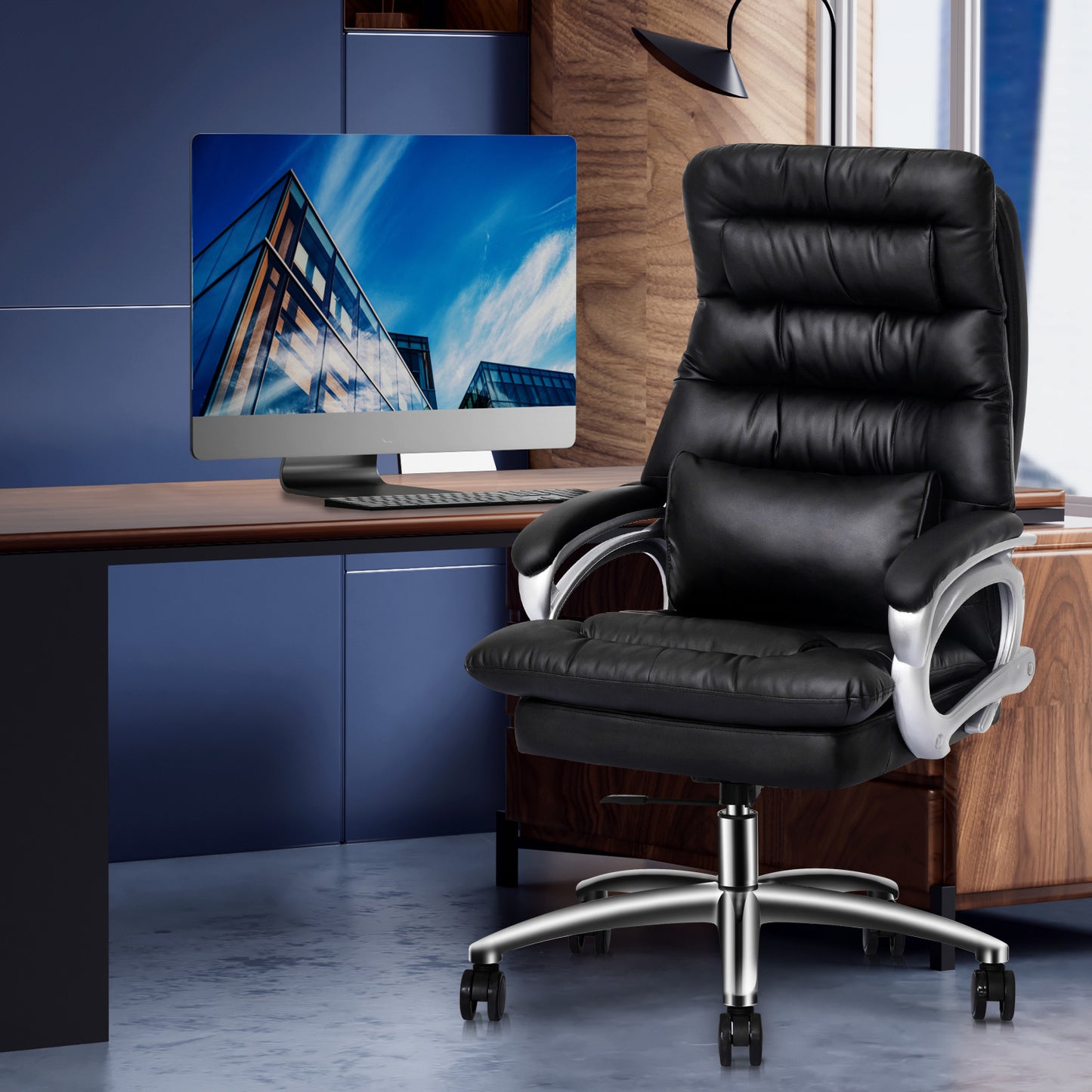 Faux Leather Executive Chair with Lumbar Support - 29" x 47" Studded Mat Set