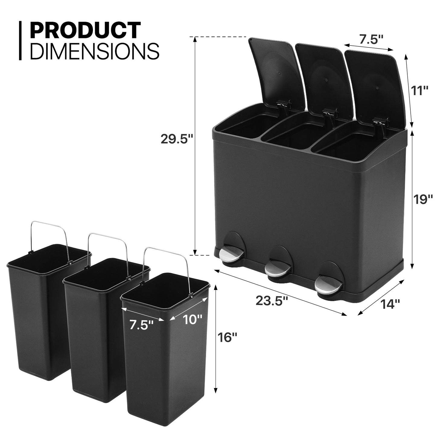 3 Compartment Step On Trash Bin - 3 * 15L