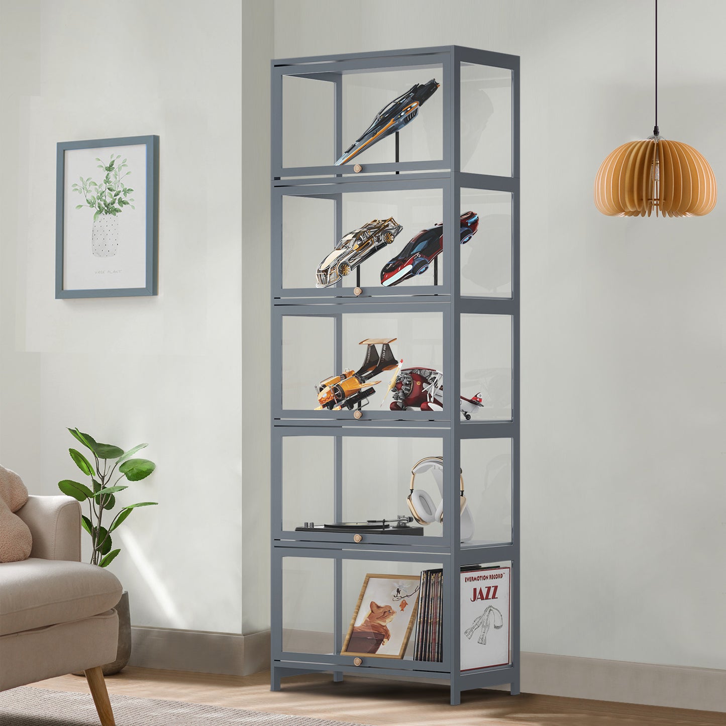 23" Filp Up Acrylic Door Showcase - 67.5''Height - 5 Tiers - Grey