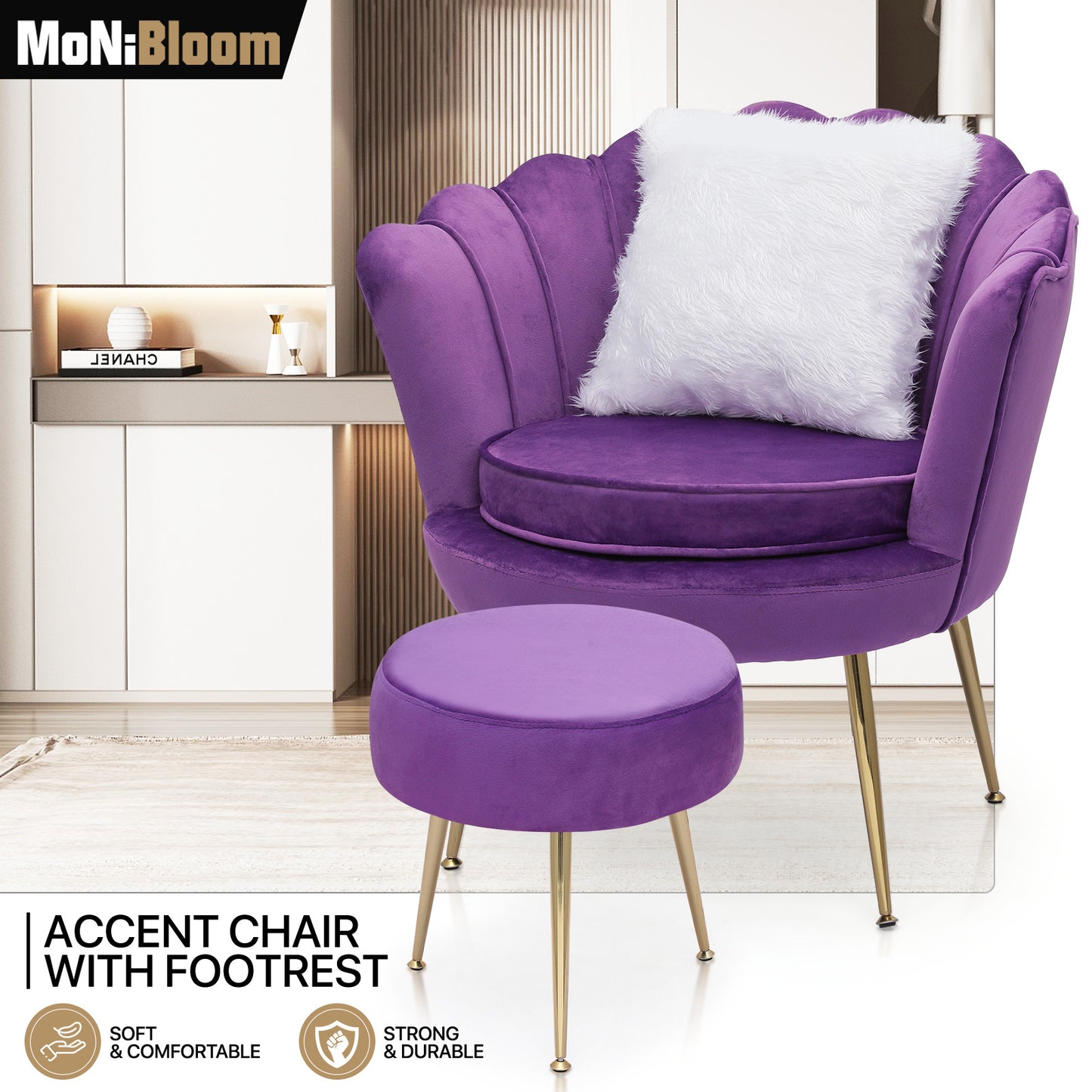 Velvet Upholstered Vanity Accent Chair Armchair w/Footrest - Scalloped Back
