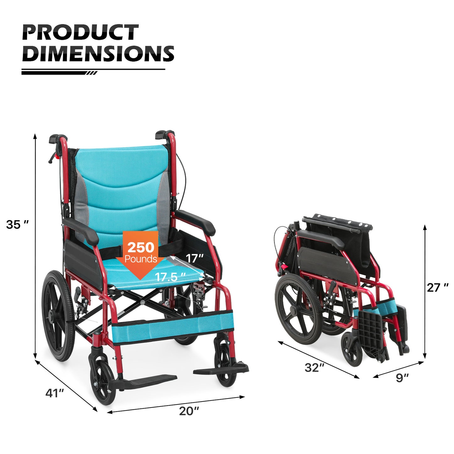Transport Wheelchair - with Handbrake, Cushion - Red
