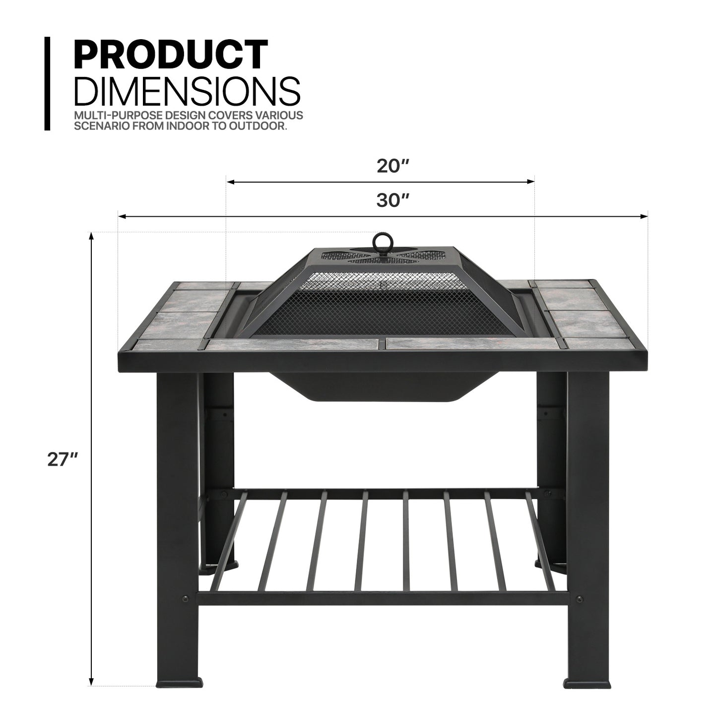 30" Square Fire Pit Table w/Log Grate & Poker & Spark Screen