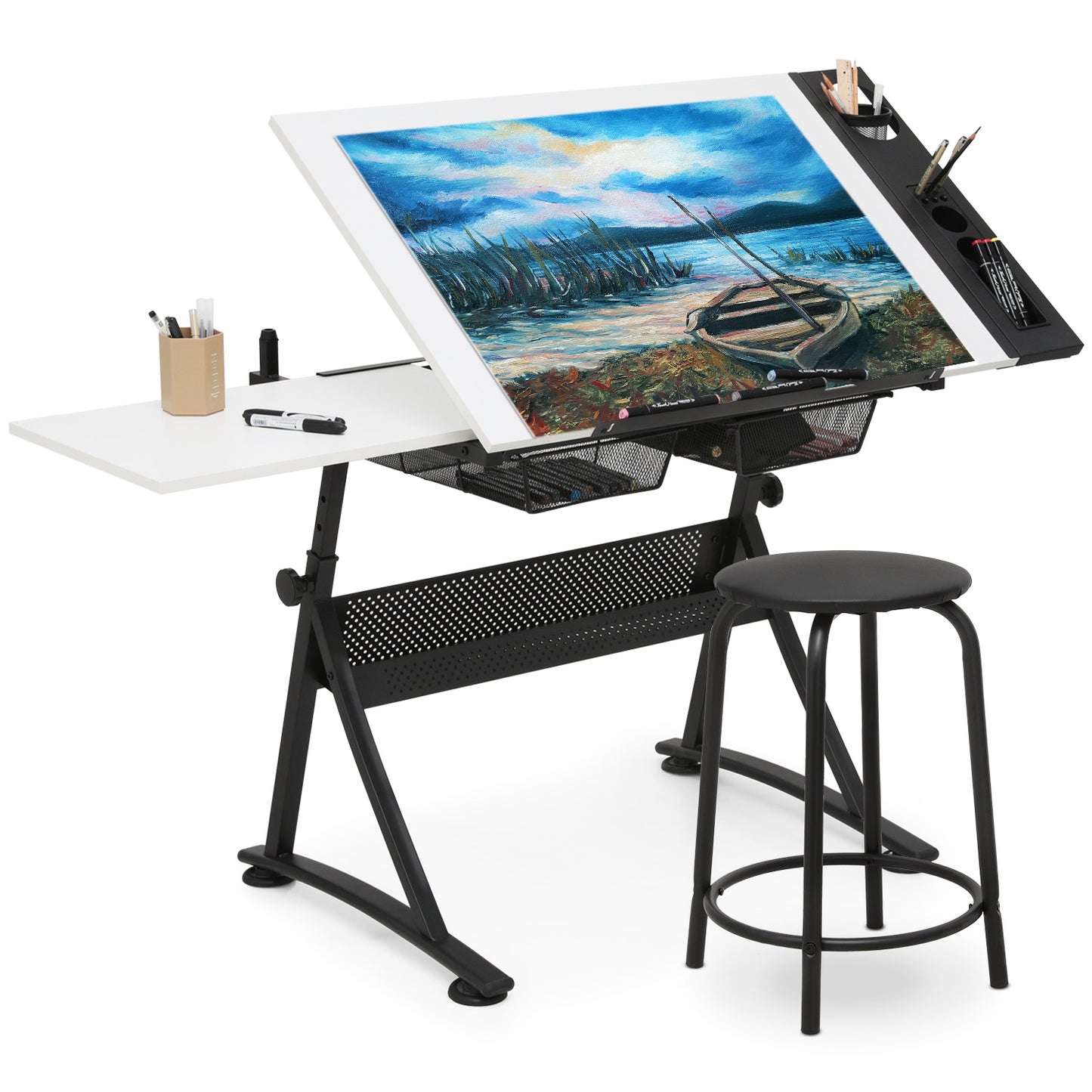 Drafting Table - 61" White desktop with black frame, 2 mesh drawers, with black stool
