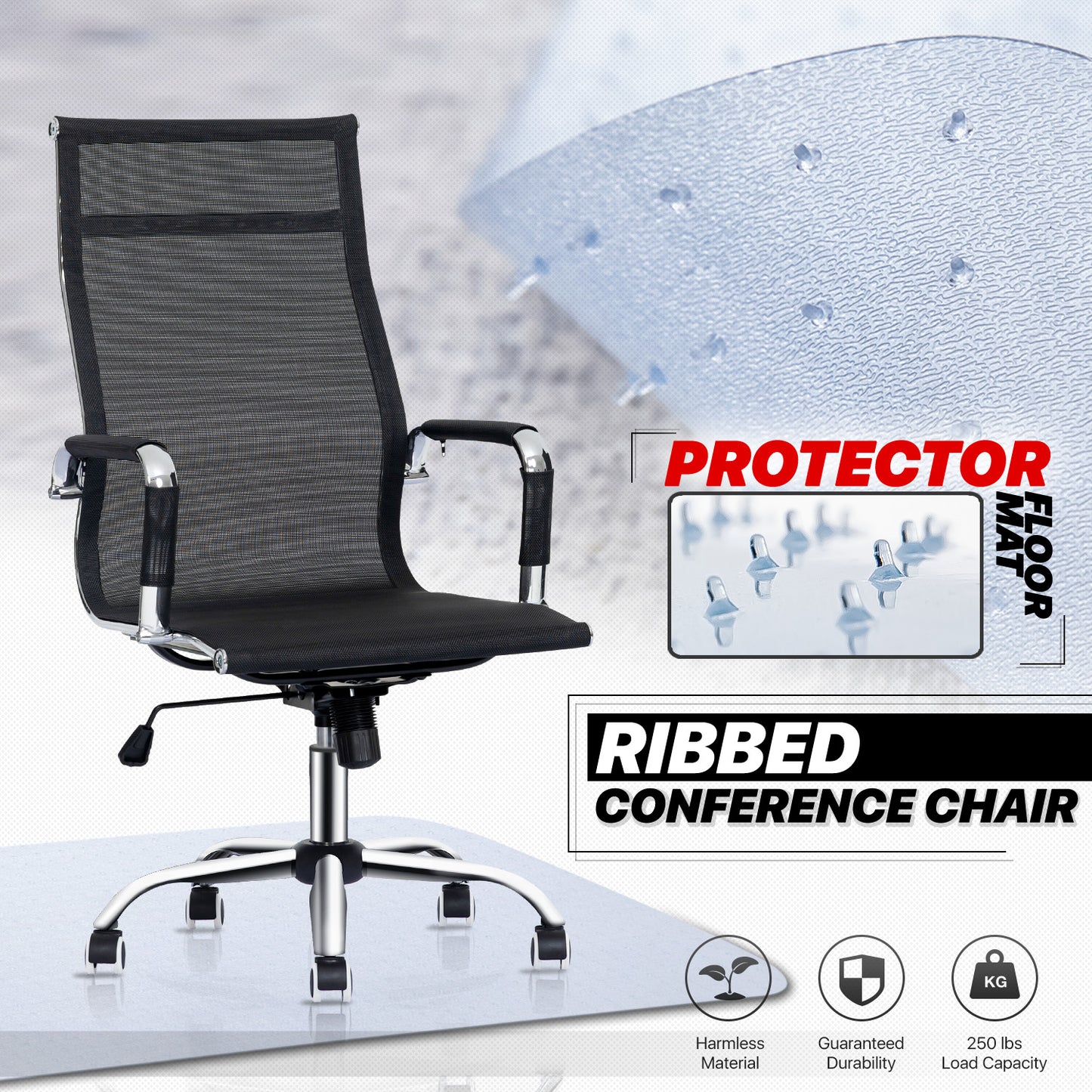 Ribbed Conference Chair - Black - 29" x 47" Studded Mat Set