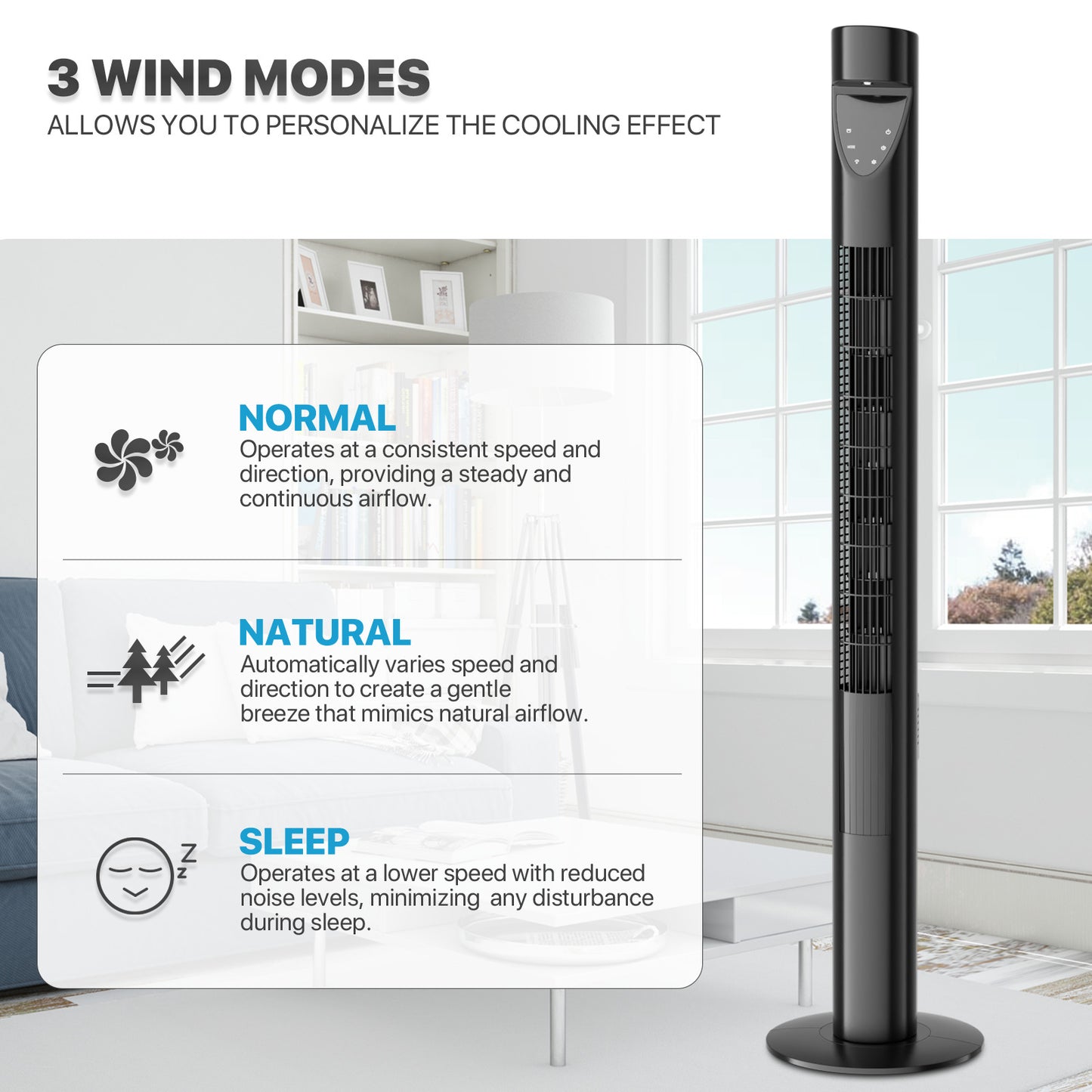 47" Tower fan 3 Speed - Room Temperature Display - Touch Screen Control - LED Down Light