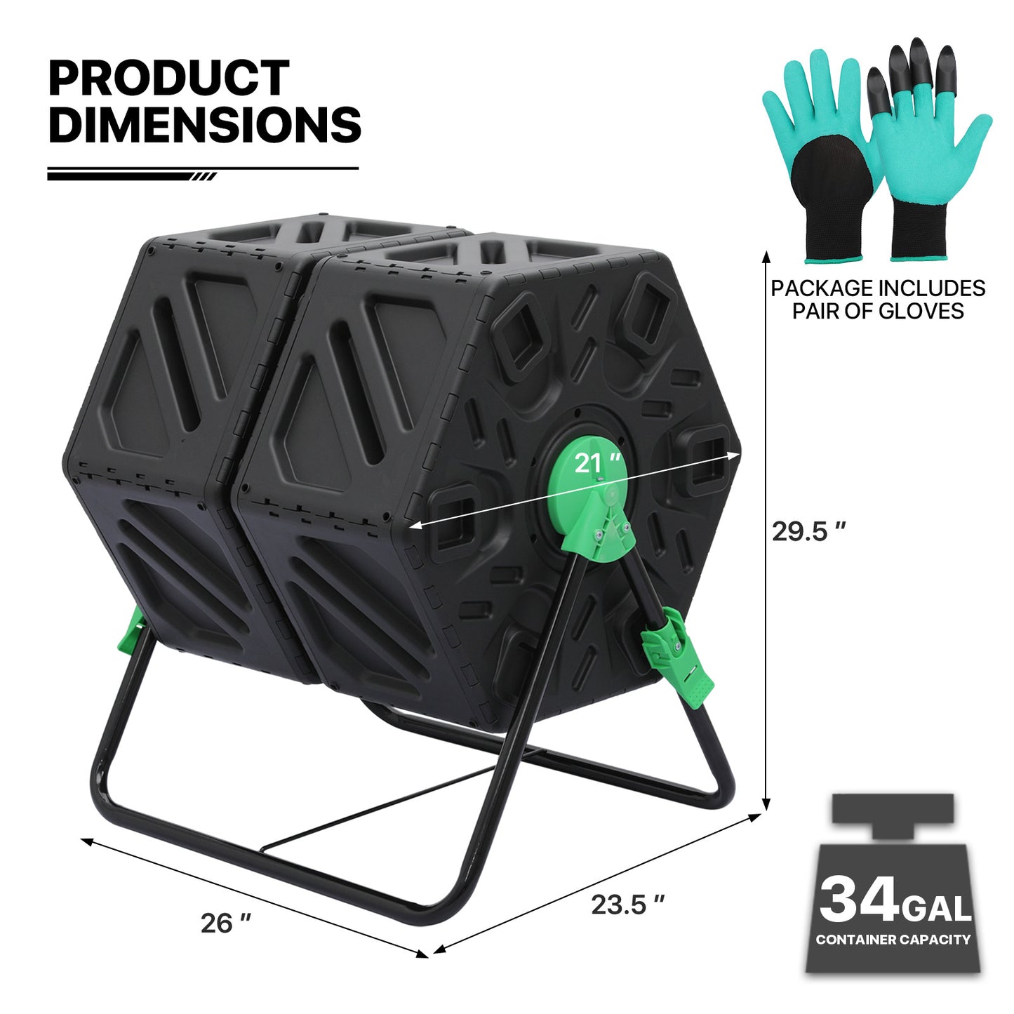 34 Gallon Dual Chamber Compost Bin - 2 Sliding Doors - with Gloves