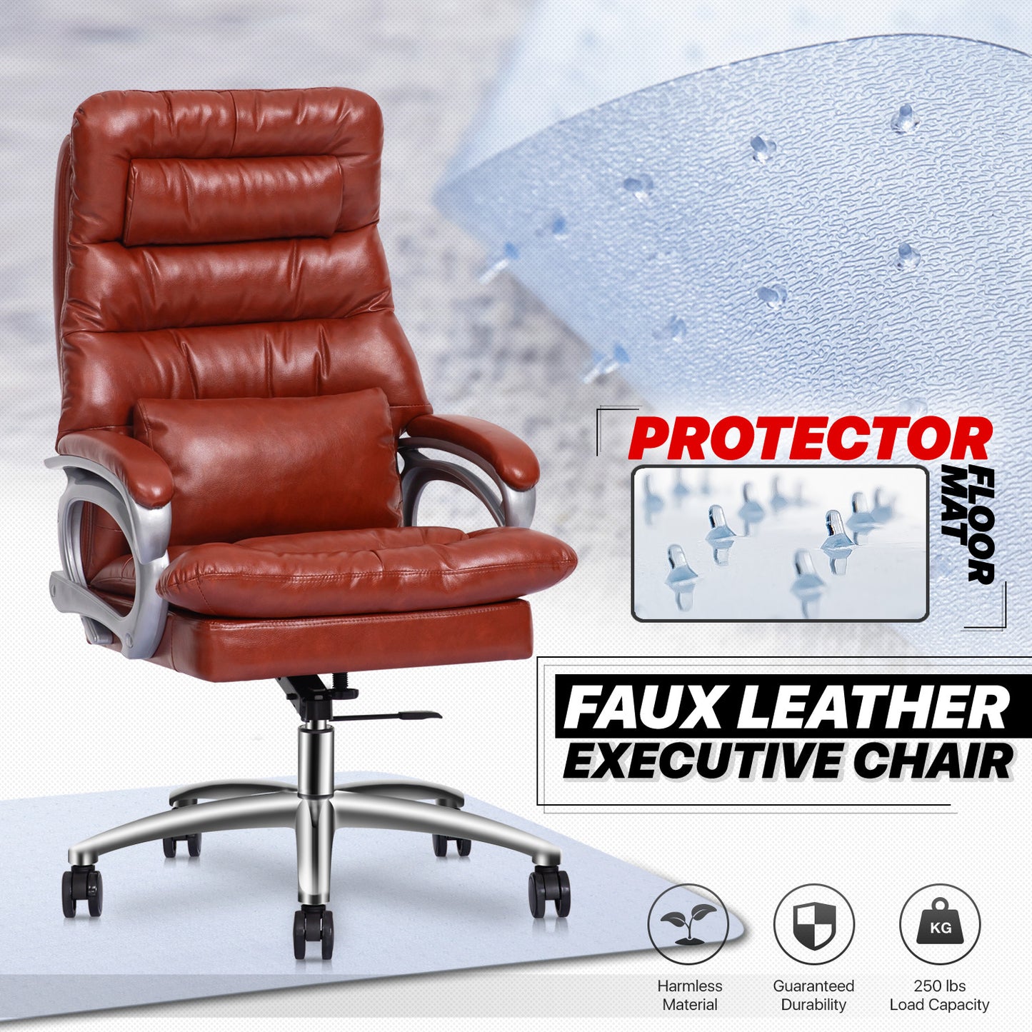 Faux Leather Executive Chair with Lumbar Support - 29" x 47" Studded Mat Set