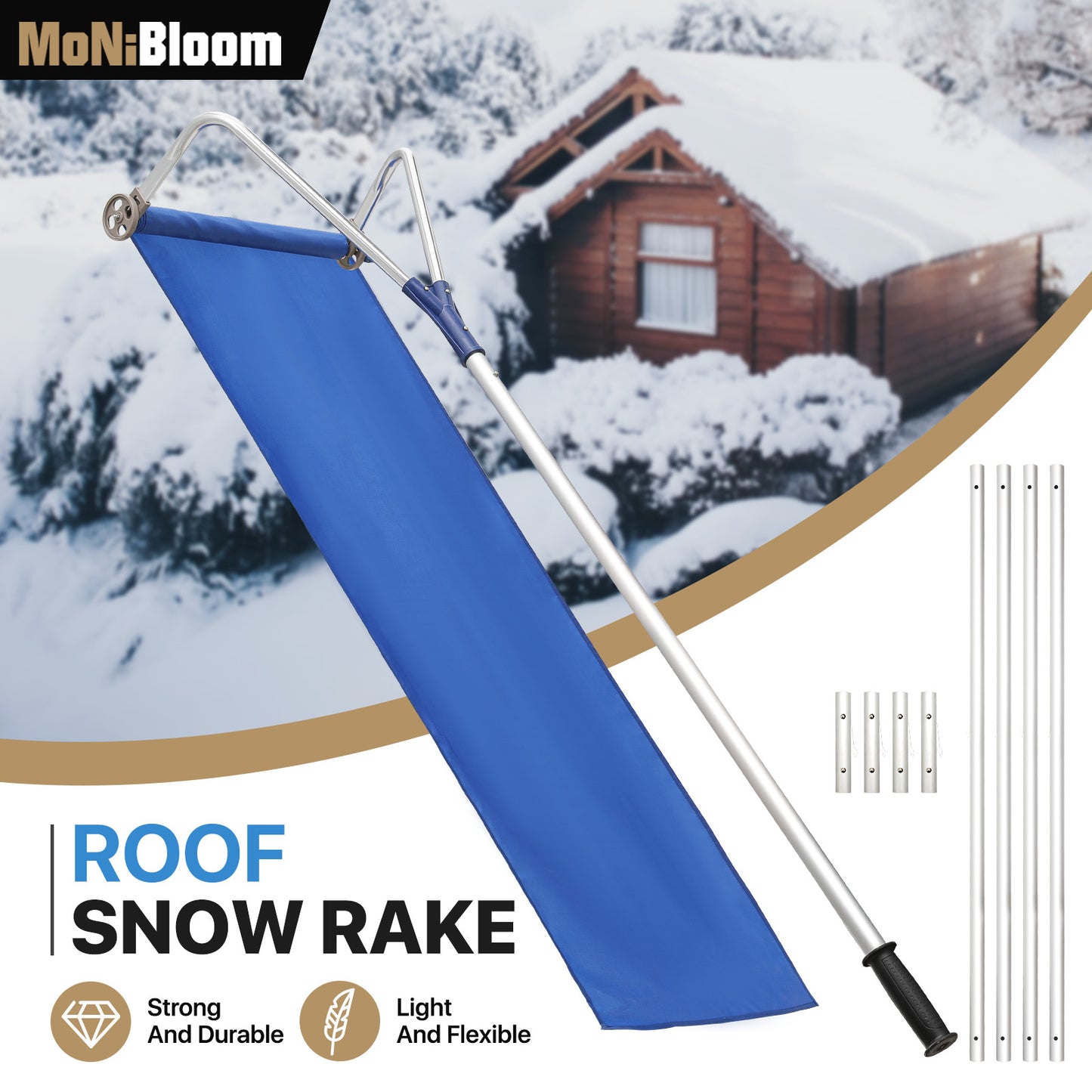 Roof Snow Rake - 5.8 to 21.5 FT Height - w/Blue Oxford Cloth - Silver