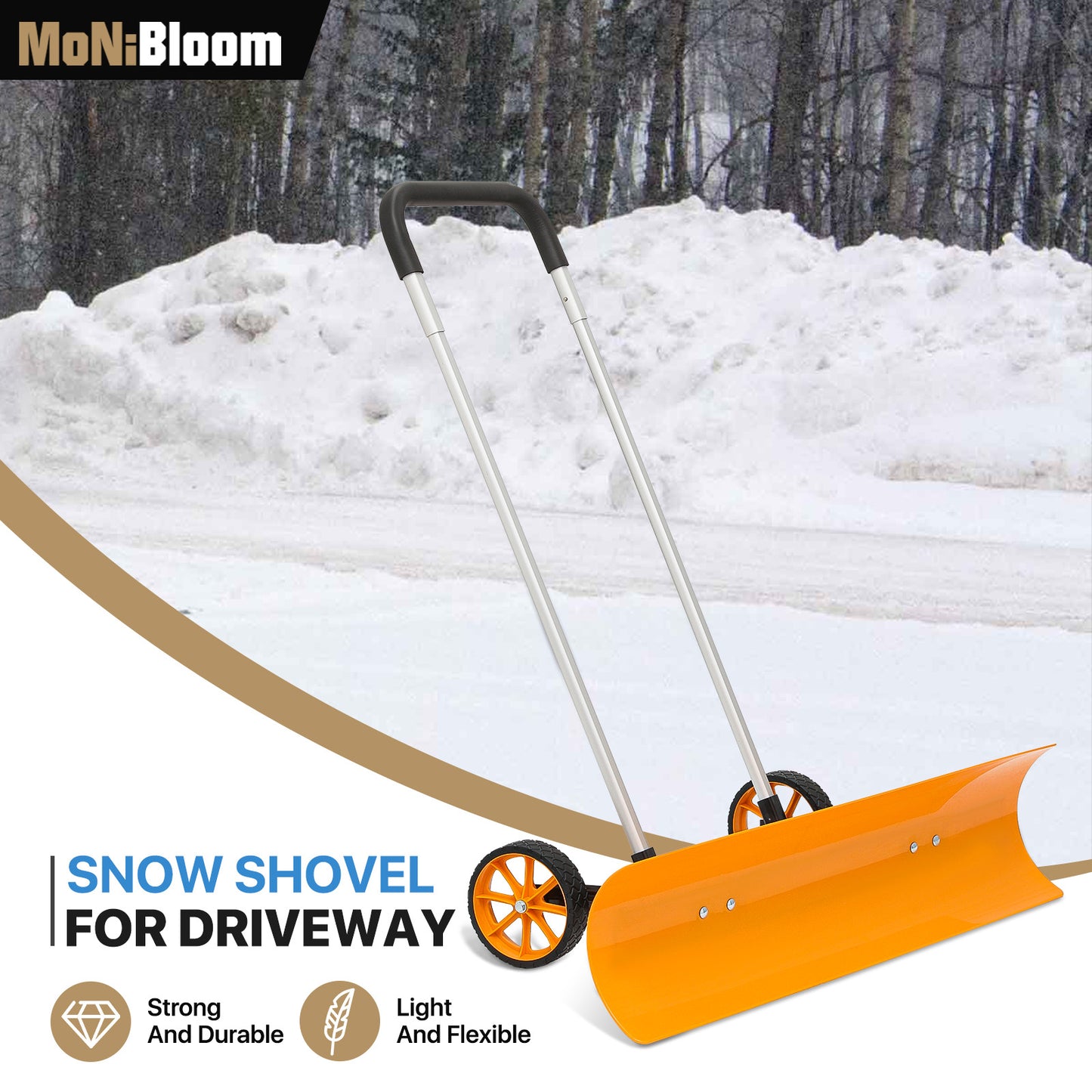 Snow Shovel Pusher for Driveway - 3.5 FT Height - w/ 2*7inch Wheel - Yellow