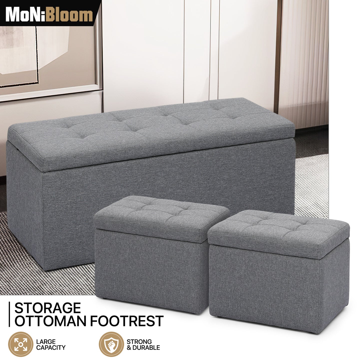 Set of 3 Lift top Storage Ottoman Bench Upholstered Footrest w/2 Cube Stool
