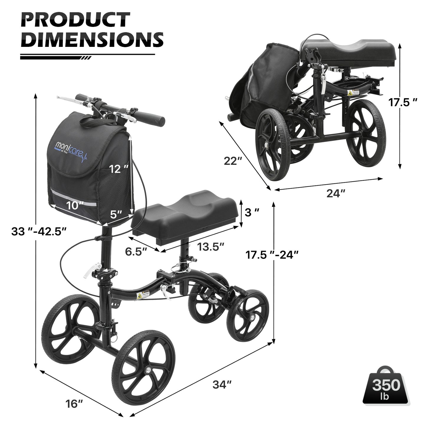 Knee Walker - Black Steel Frame - 10" Front Wheel 8" Rear Wheel