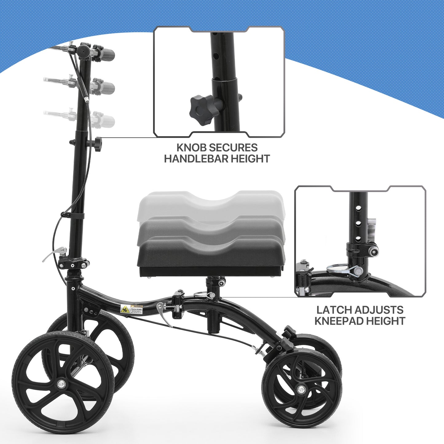 Knee Walker - Black Steel Frame - 10" Front Wheel 8" Rear Wheel