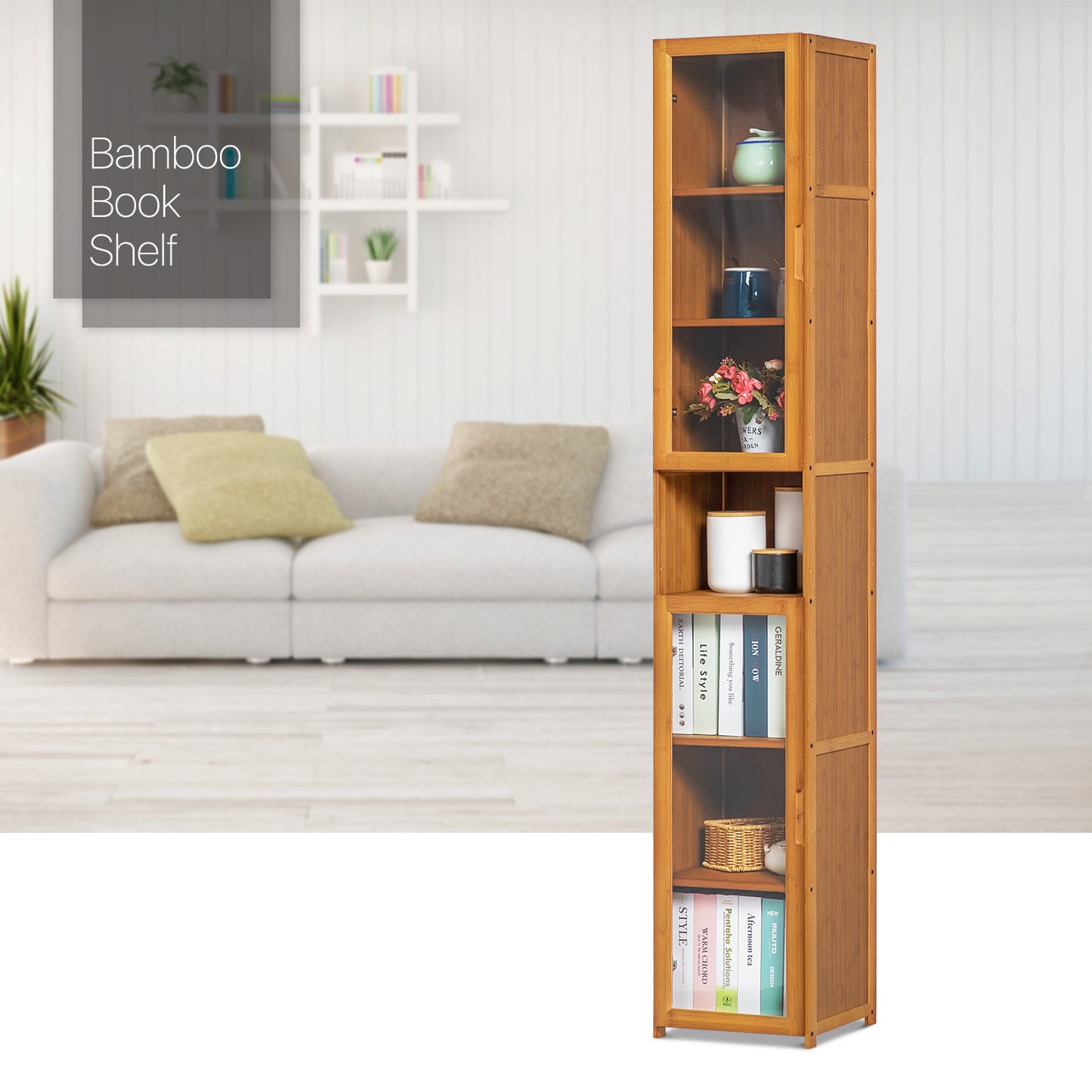 Visible Single Door Bookcase - Bamboo/Acrylic - Brown