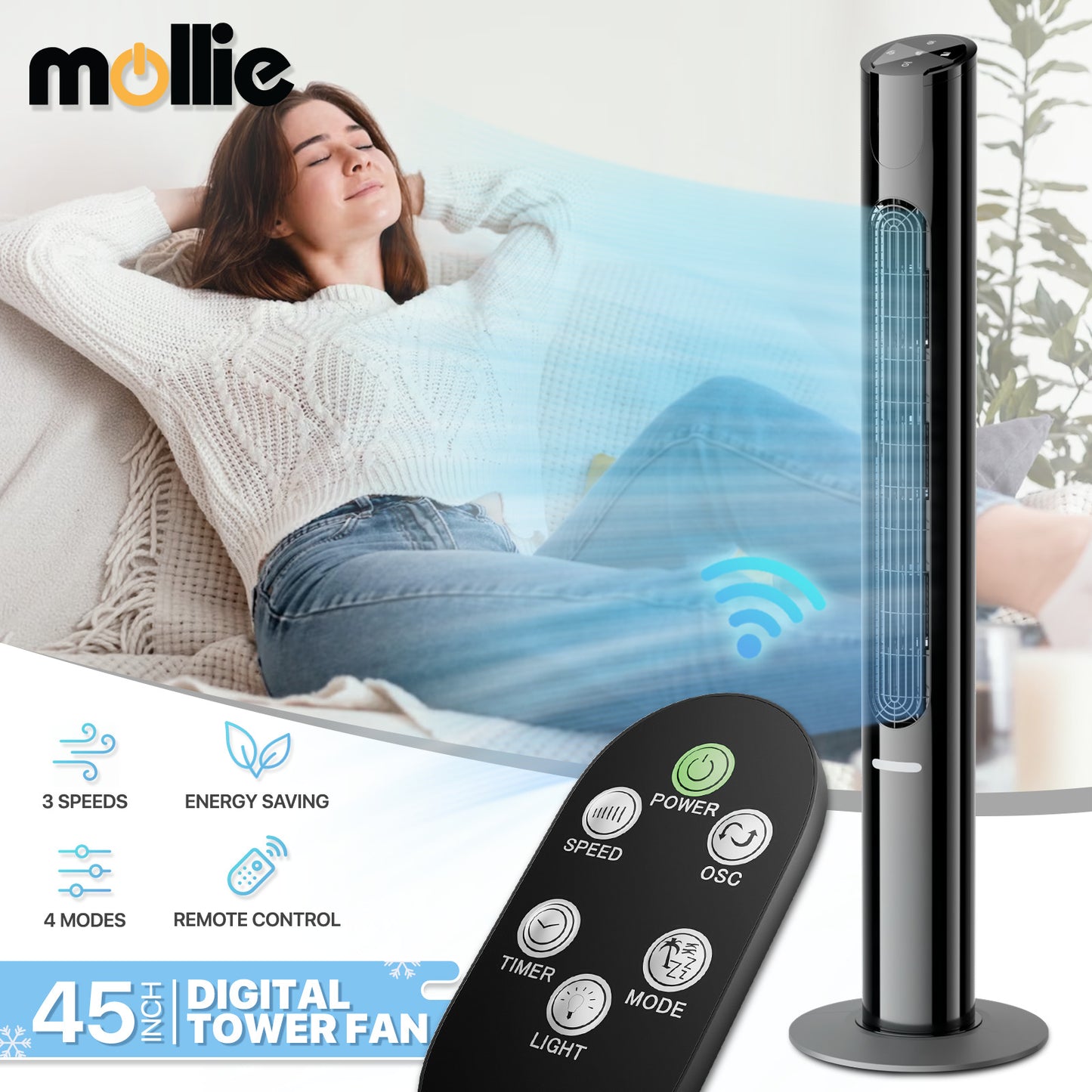 45" Digital Tower fan 8 Speed - 4 Modes - LED Bottom Night Light