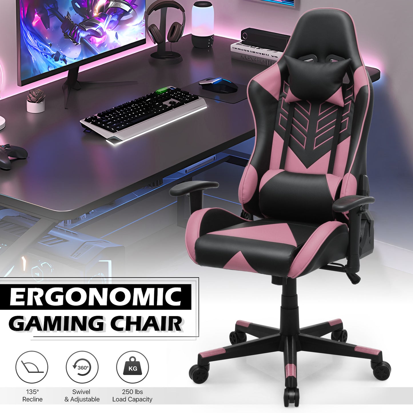Gaming Chair w/Lumbar Support & Headrest #004