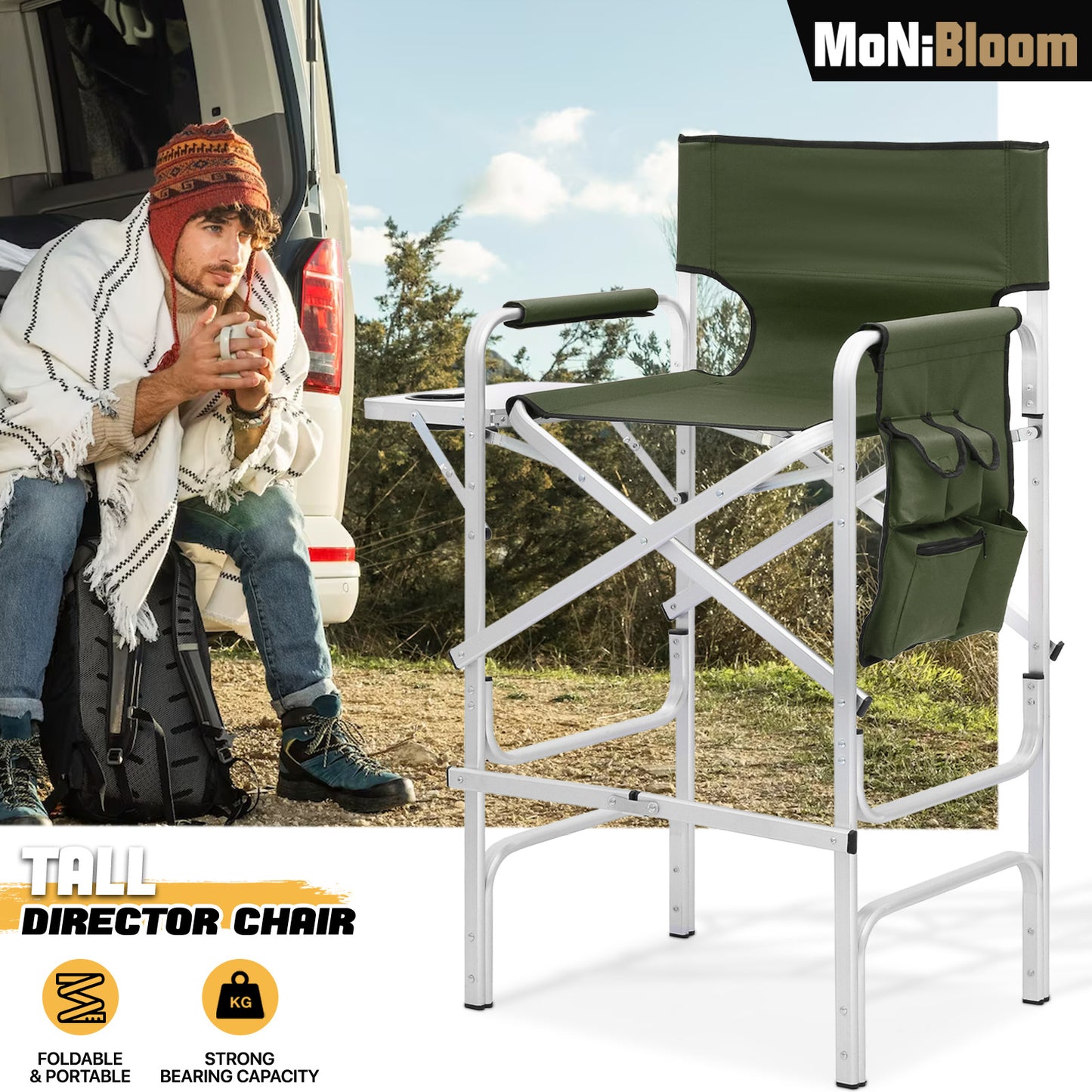 Foldable Director Chair-31" Seat Height-Cup Holder Tray+Side Pocket