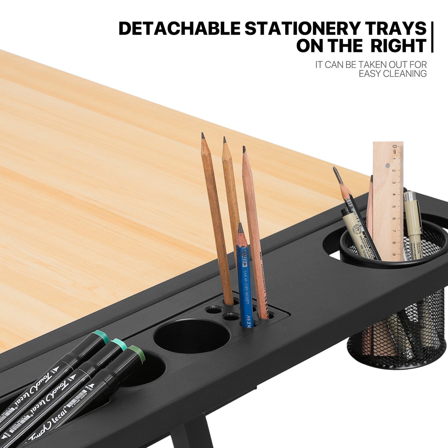 Drafting Table - 61" Natural desktop with black frame, 2 black drawers, with black stool
