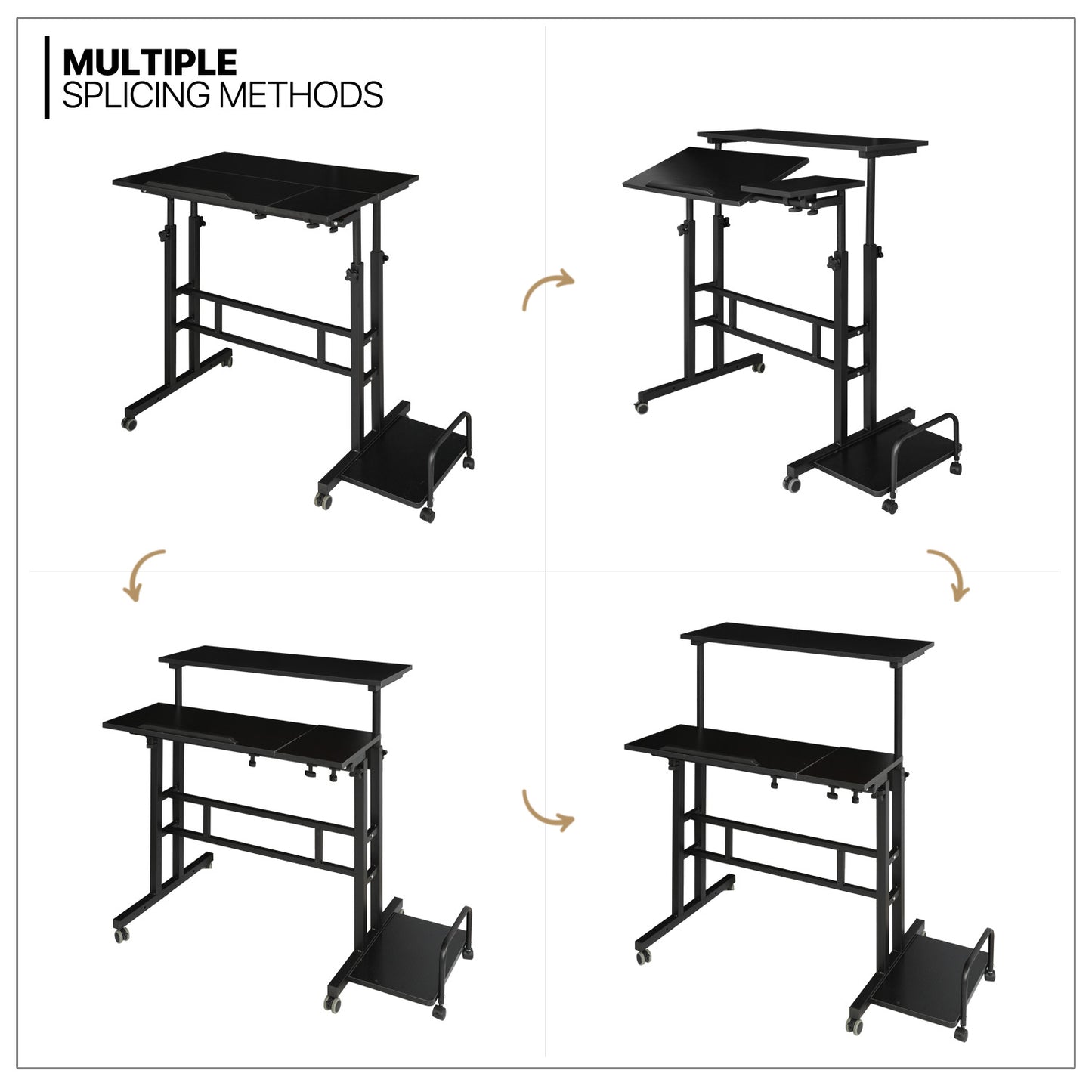 Rolling Lifting Computer Desk w/Monitor Shelf & CPU Stand - Adjustable Height & Tilt