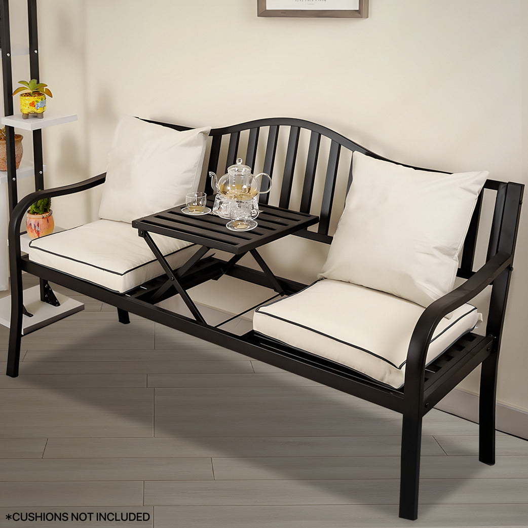 59" Iron Patio Garden Bench - with Adjustable Table - Vertical Bar Pattern