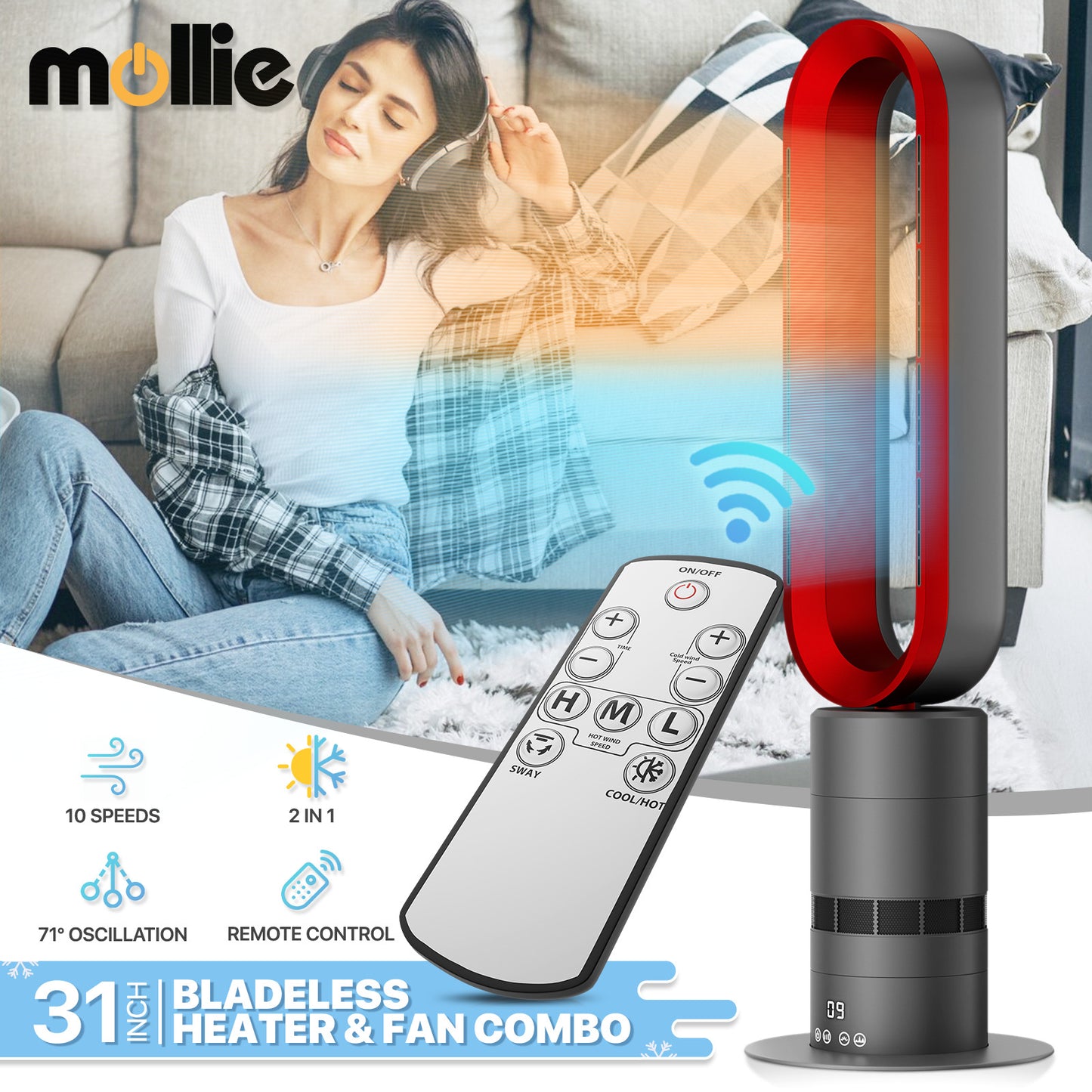 31.5 Inch Bladeless Fan - Space Heater - 10 Speeds Cooling & 3 Speeds Heating