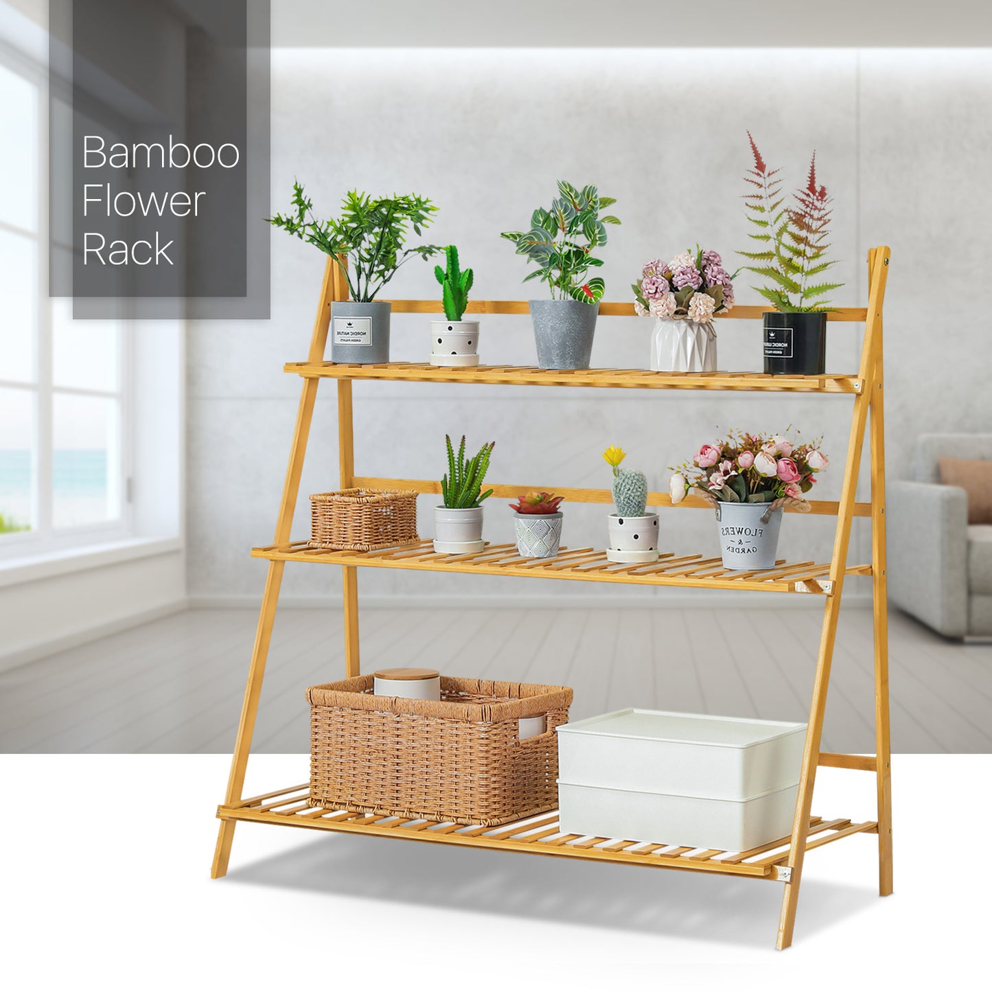 Foldable Flower Plant Rack - A Frame Stand Shelf - 3 Tier - Natural