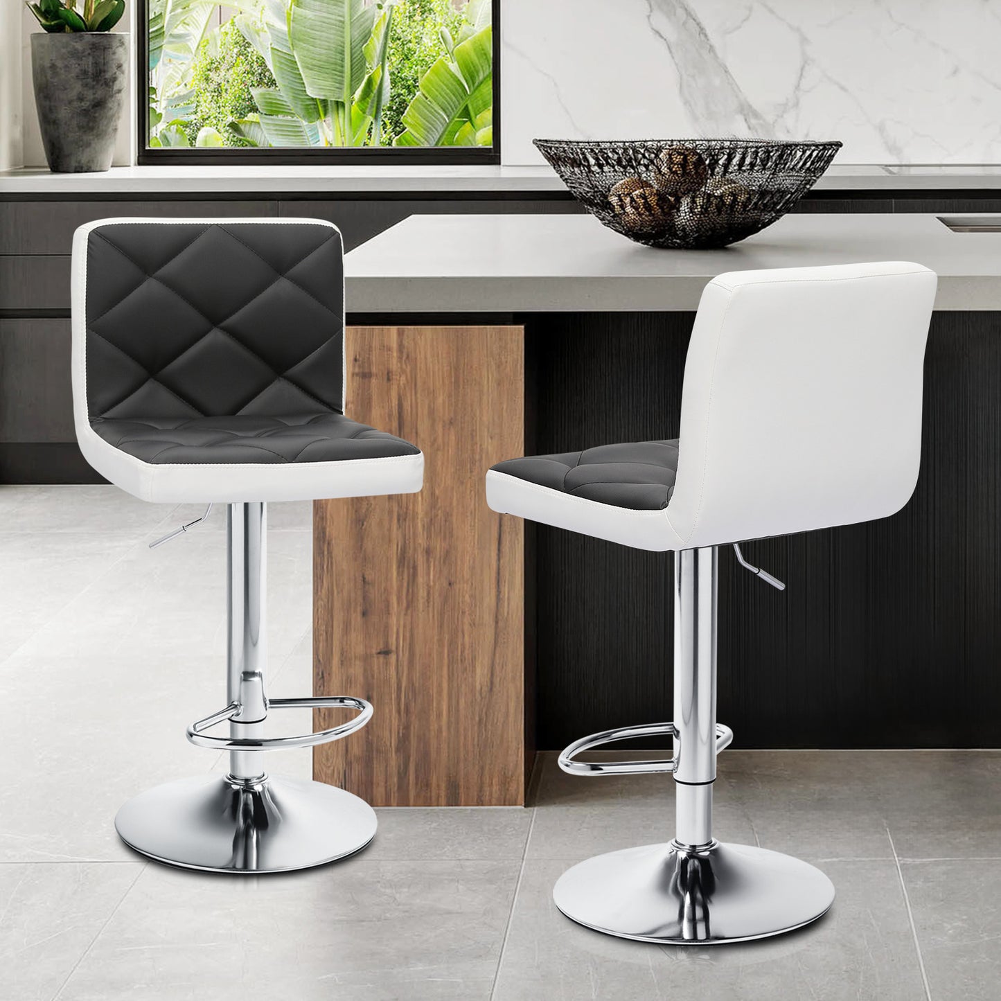 Set of 2 Leather Bar Stool Modern Adjustable Swivel Kitchen Counter Height Chair