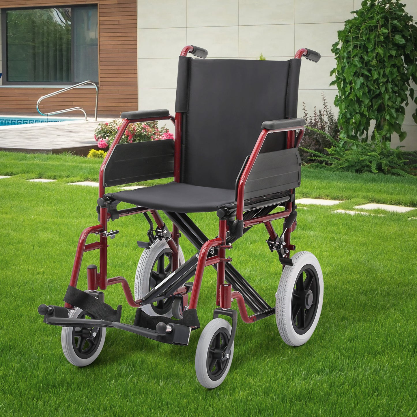 Transport Wheelchair - PU Solid Tyre - Red