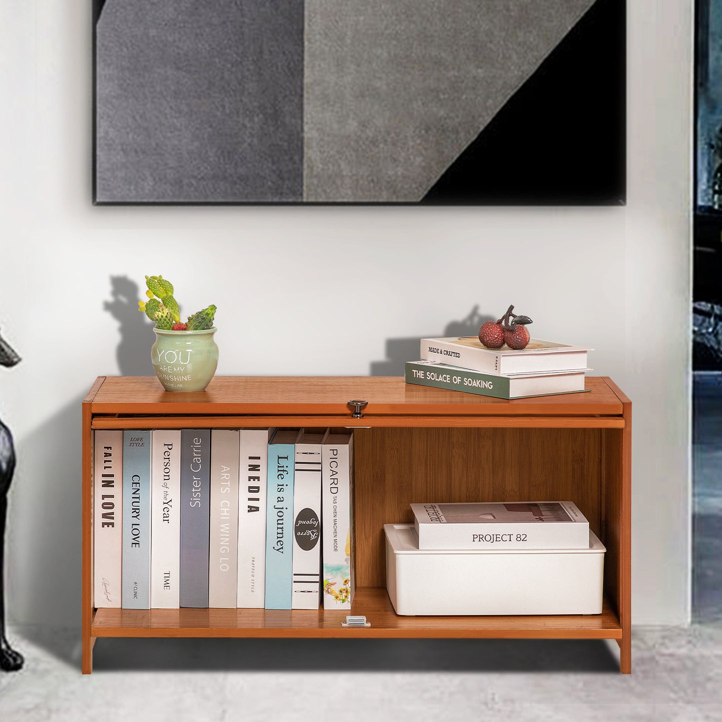 Visible Slide Up Door Bookcase - Bamboo/Acrylic - Brown