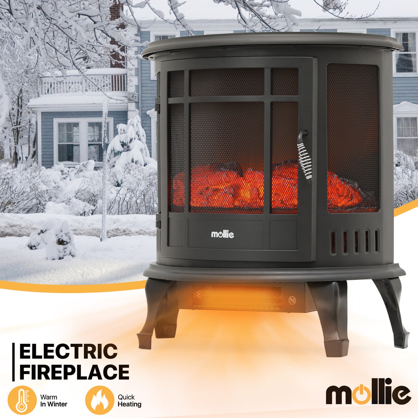 Freestanding Electric Fireplace - 1400W Space Heater - Adjustable Flame Brightness