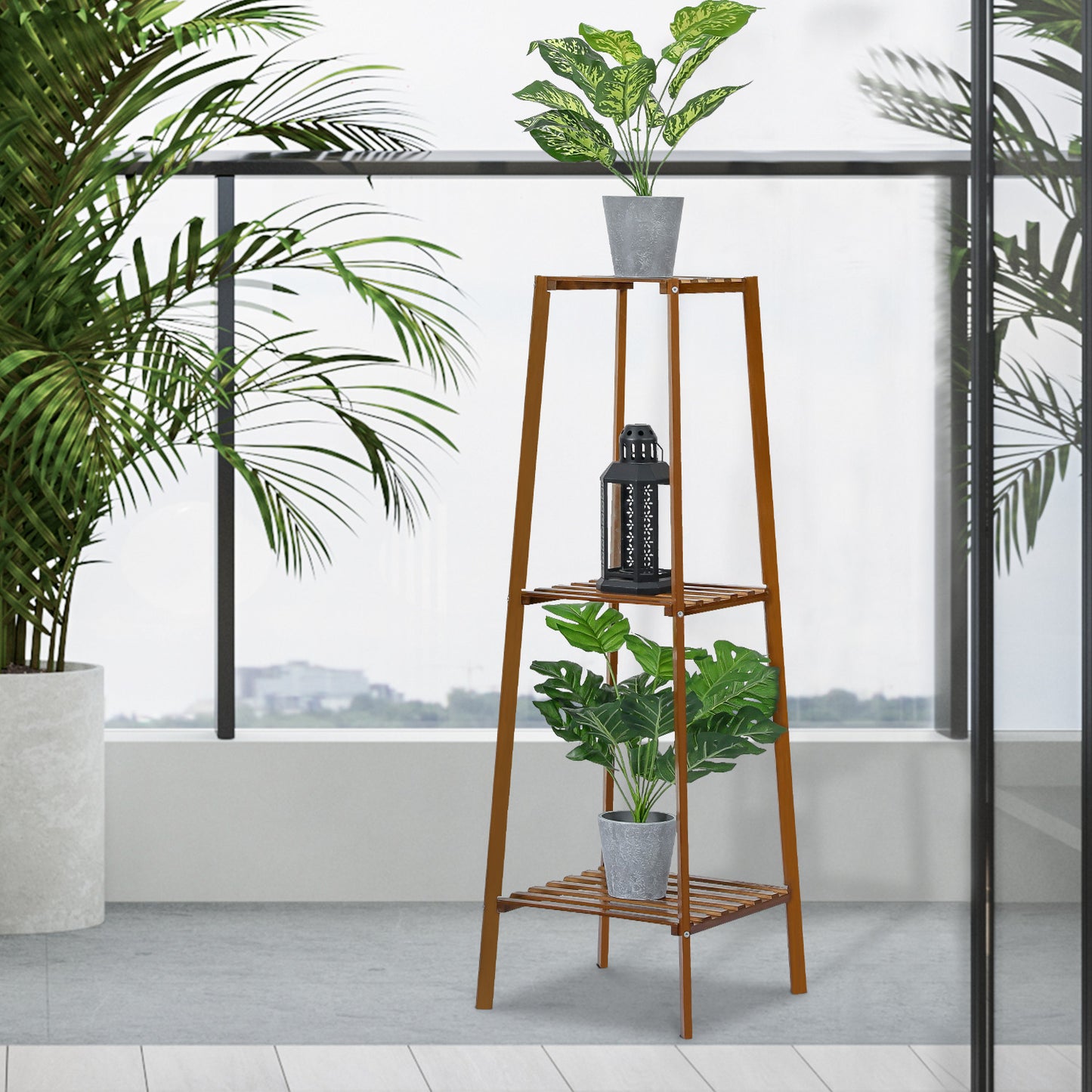 Simplified Flower Plant Stand Display Tower - A Shape - Brown