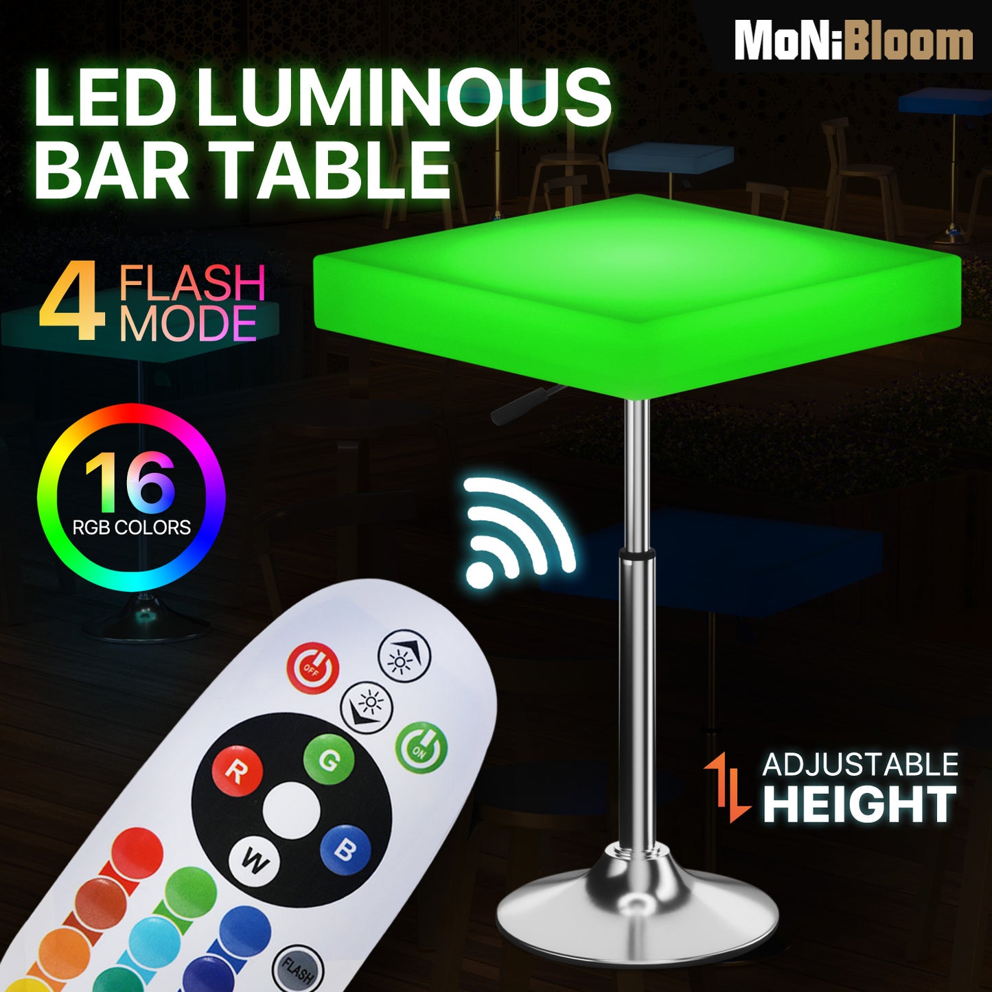 LED - Table - Square - Adjustable Height - 16 Colors Remote Control