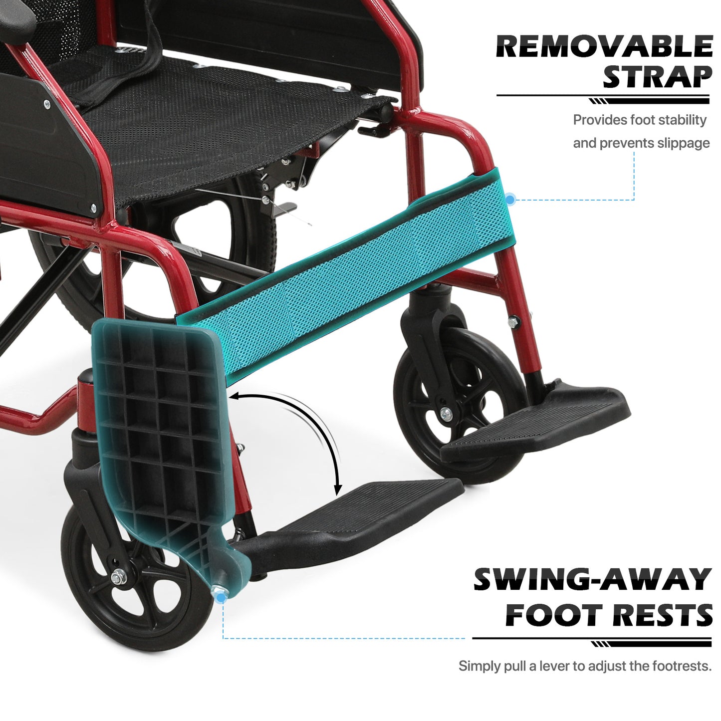 Transport Wheelchair - with Handbrake, Cushion - Red