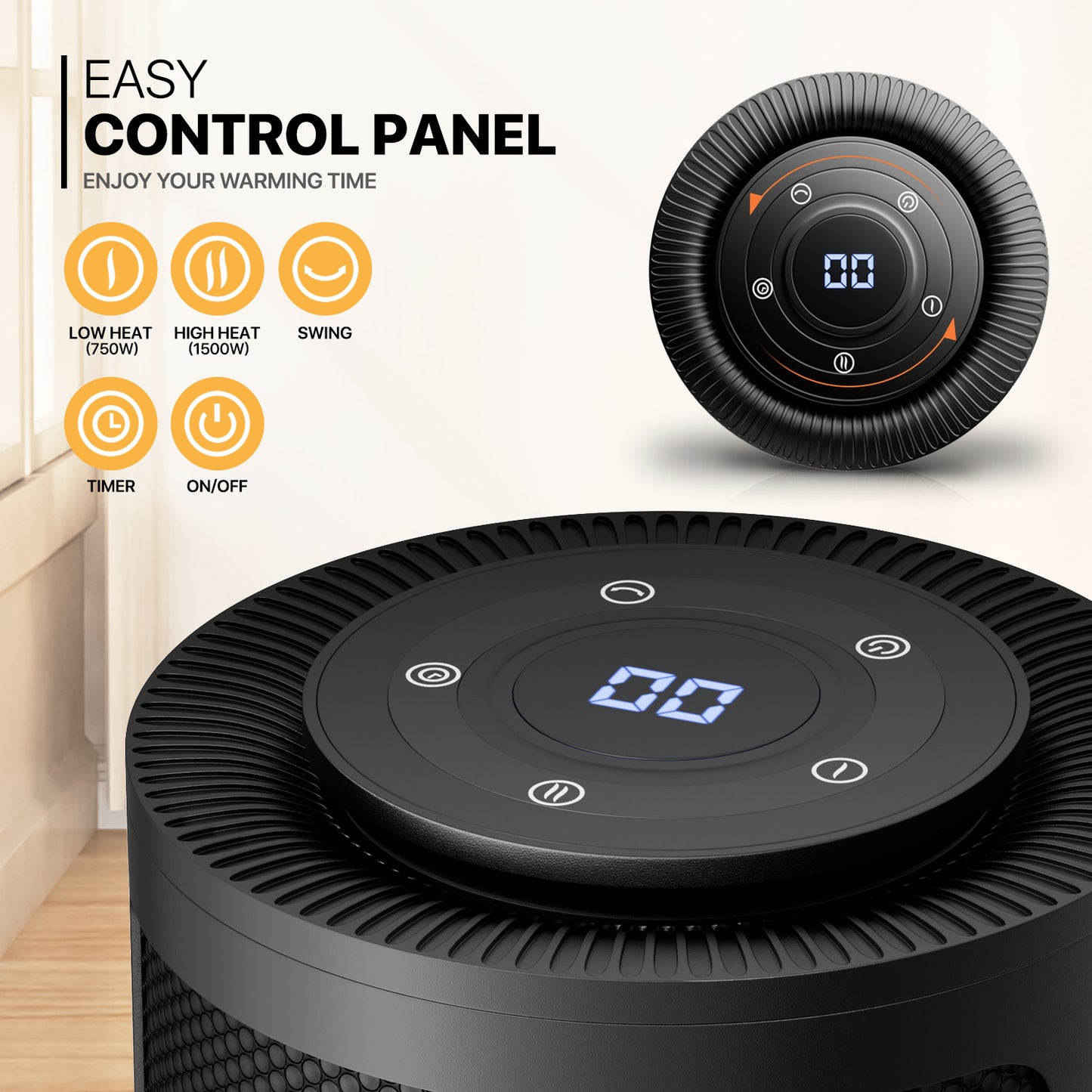 1500W Electric 3 Modes Cylindrical PTC 160 sq.ft Space Heater w/Remote